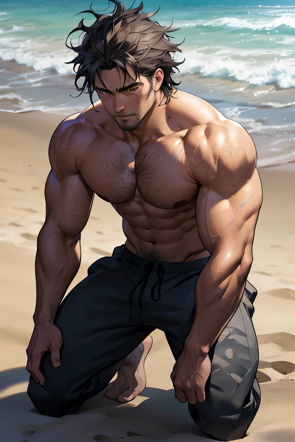Ultra Realistic, Man with Messy Hair, Extremely Detailed 8K Image, Wide Angle, Full Body Shot, Front View, Thick Body, Detailed Eye, Detailed Face, Detailed Arms, Detailed Fingers
A man with disheveled, untamed hair stands before the camera in an ultra-realistic, high-definition image captured at 8K resolution. His thick, sturdy frame is on full display as he kneels down on the sandy beach, the sun casting long shadows across his figure. The intricacies of his detailed face are visible from this front view - the lines etched into his forehead, the crinkles around
