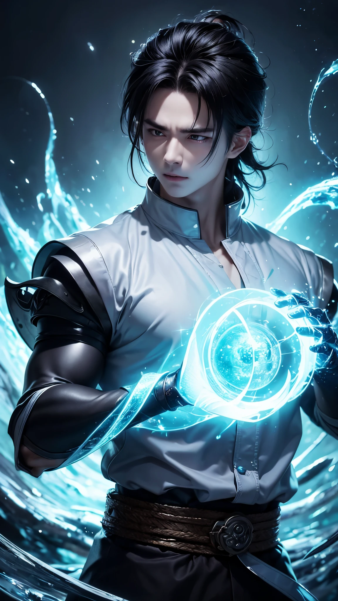 An 8k masterpiece, highest resolution, every detail, meticulous detail, depth of field, bright colors, beautiful composition: anime character Gohan impresses with his black hair and glowing eyes Beautifully detailed lighting, standing against a dark and ominous background. This handsome demon slayer is the epitome of bad guys in the fantasy art. wearing a shirt.