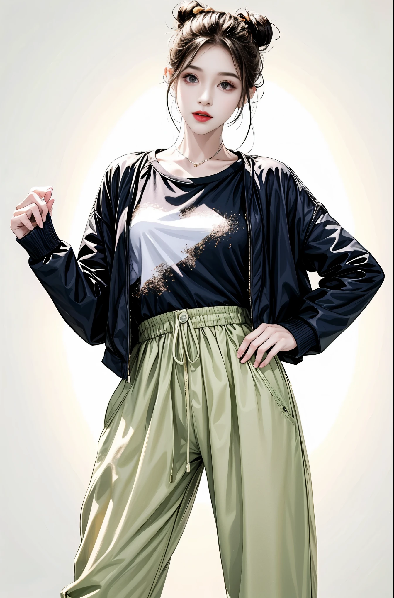 masterpiece, best quality, ((pure white background)), standing, black hair bun,cold face, full body, jacket, T-shirt, pants, (Fashionable clothing), happy, light effect, soft, super clear, high-definition picture, (front)
