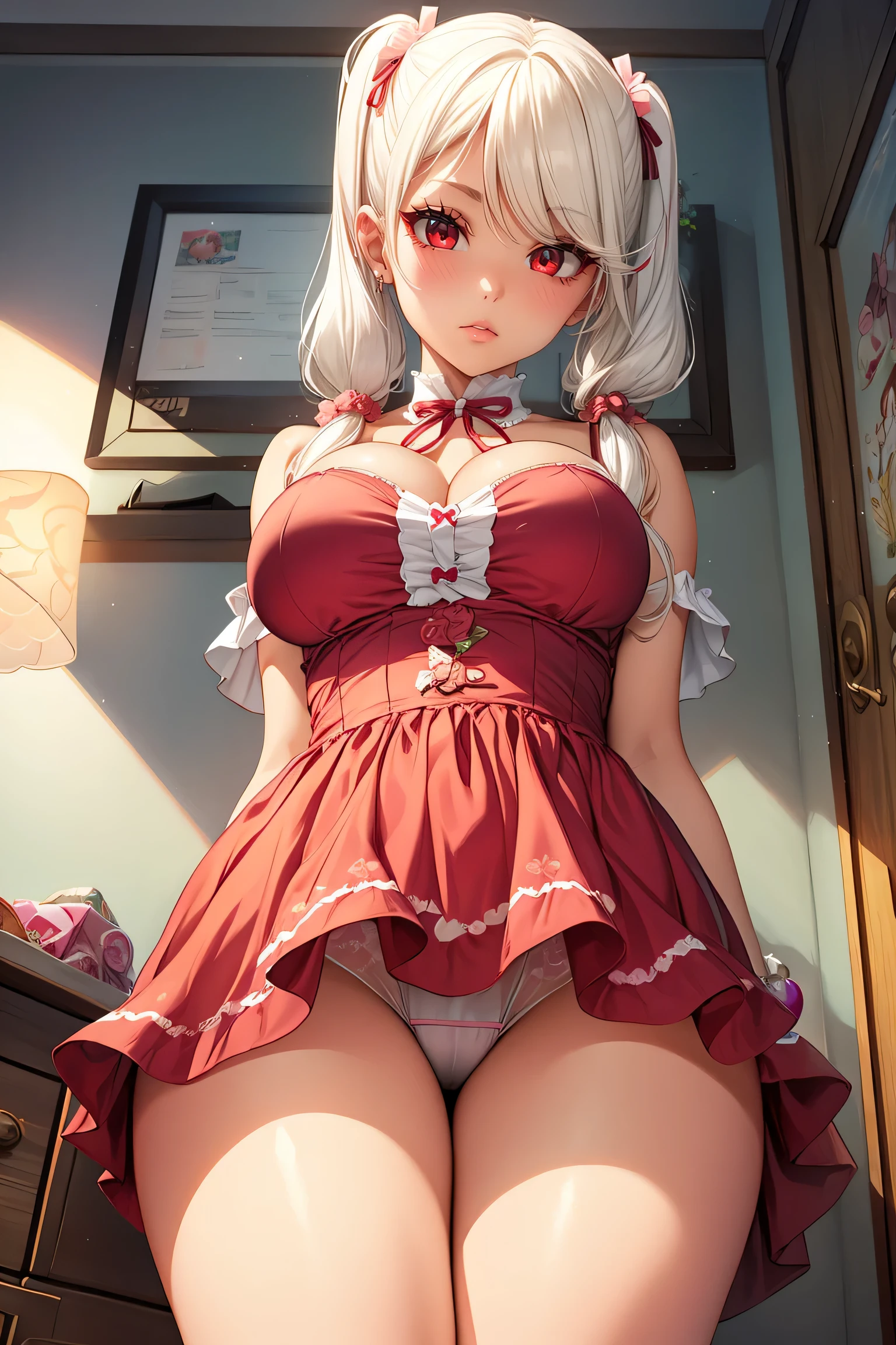(1girl), red eyes, ((white hair)), mature, pigtails, long hair, x ornament, big lips, pretty lips, ((gyaru)), gyaru hairstyle, ornaments, babydoll dress, seductive anime girl, thicc, cute anime, pink room, anime, upskirt, from below,