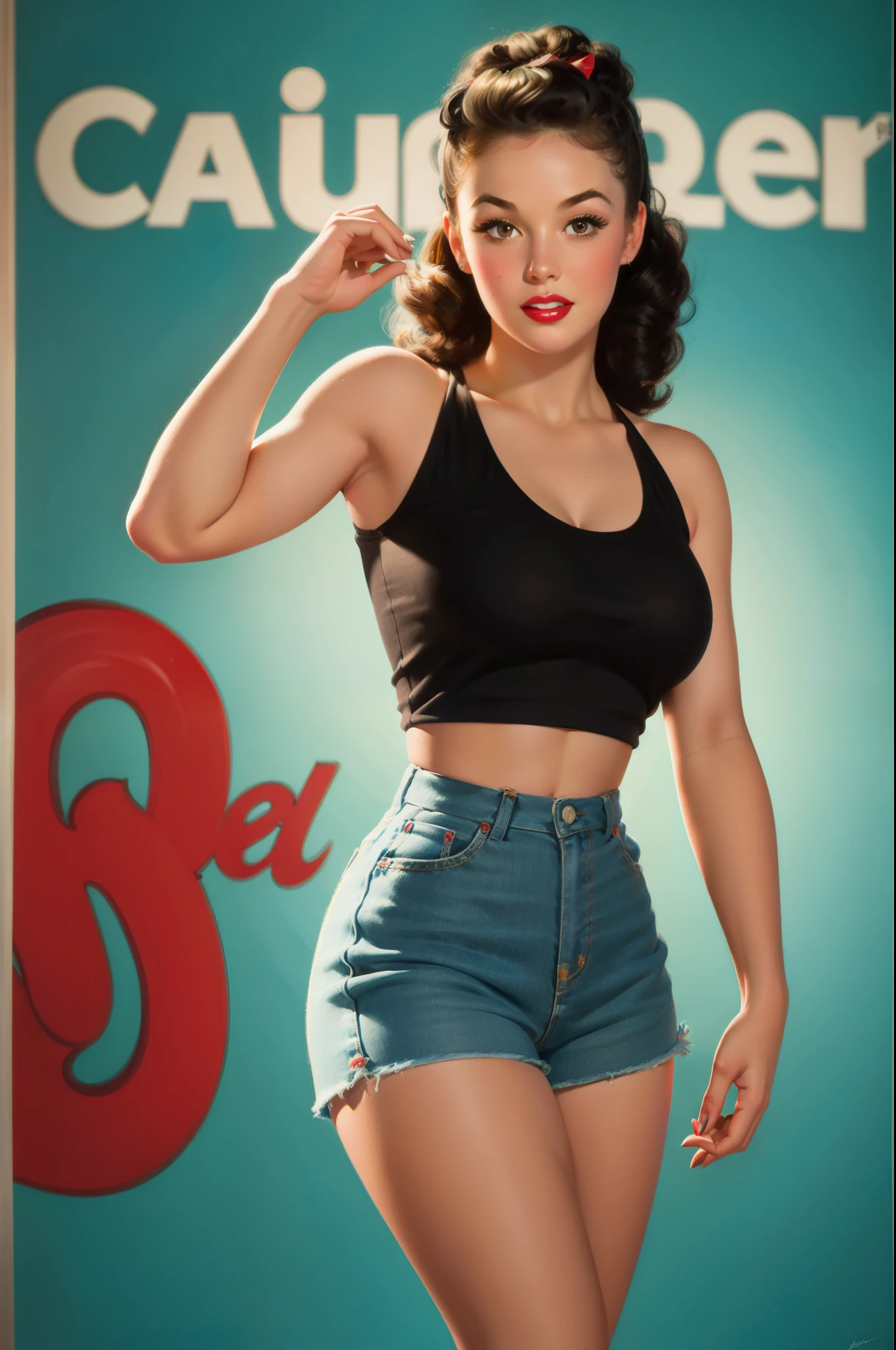 20 years old Girl in school gym, sexy gym cloths shorts and t-shirt, medium breast, shining skin, dramatic lighting, pin up style, sexy, surprised, , colorful , masterpieces, illustrated, shining skin, detailed face, Medium breast. tight body. black hair, Illustrated BY Zoe Mozert, pinup art byZoe Mozert, vintage pin up, illustrated by Zoe Mozert, girl pinup, pinup girl, pin-up poster girl, pin up girl, pinup, pin - up girl, Detailed face, Detailed Hands, Detailed legs,