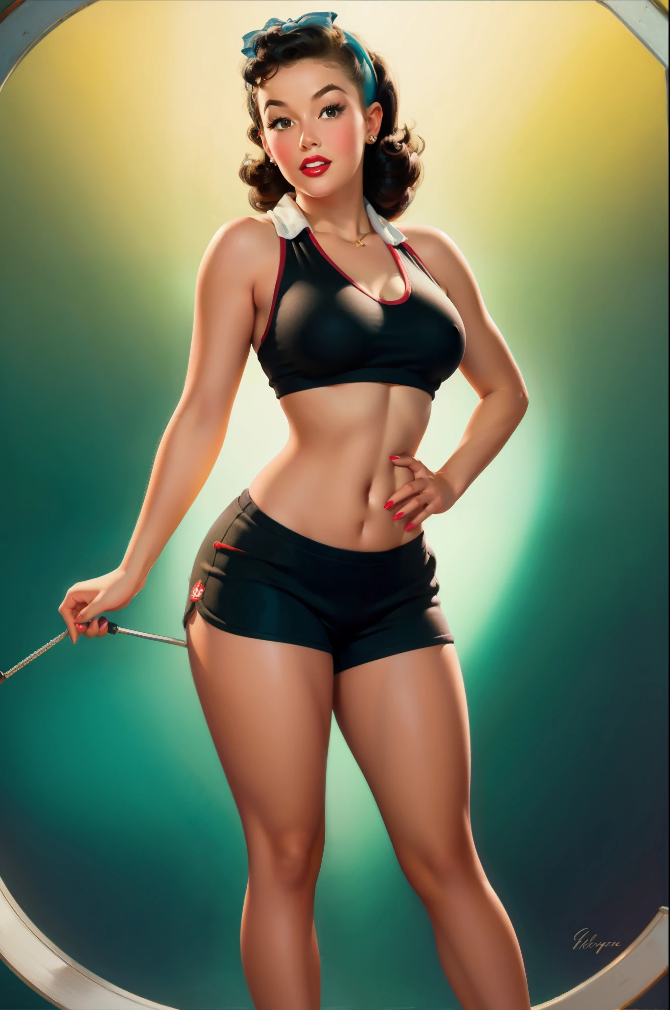 20 years old Girl in school gym, sexy gym cloths shorts and t-shirt, medium breast, shining skin, dramatic lighting, pin up style, sexy, surprised, , colorful , masterpieces, illustrated, shining skin, detailed face, Medium breast. tight body. black hair, Illustrated BY Zoe Mozert,   pinup art byZoe Mozert,  vintage pin up, illustrated by Zoe Mozert, girl pinup, pinup girl, pin-up poster girl, pin up girl, pinup, pin - up girl, Detailed face, Detailed Hands, Detailed legs,