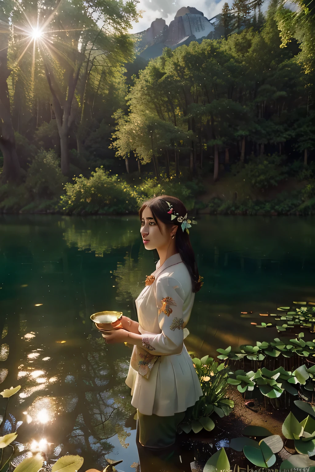 Main Subject: ((Elegant porcelain cup.)), ((complex floral patterns)), ((Gold bezel))
viewing angle: ((Side view))
main feature: ((Photographically masterful)), ((Exciting atmosphere)), ((A sense of calm))
Inspiration/style: ((cinematic realism)), ((rich colors)), ((Lush textures))
Position in the scene: ((Standing in front of the lake))
background/mood: ((Mystical the forest glade)), ((Sunlight penetrates through the trees))
Scene composition: ((I'm standing in front of a lake with lilies)),
background/background: ((mountainous terrain)) ((the forest))
lighting: ((Warm dappled sunlight)), ((thin caustic on water)), ((subtle lens flare))
Post-processing: ((Deep color gradation)), ((Increased contrast)), ((Resolution 8K))
Link/Artist: ((Steve McCurry)), ((by Ansel Adams)), ((Brooke Shadow))