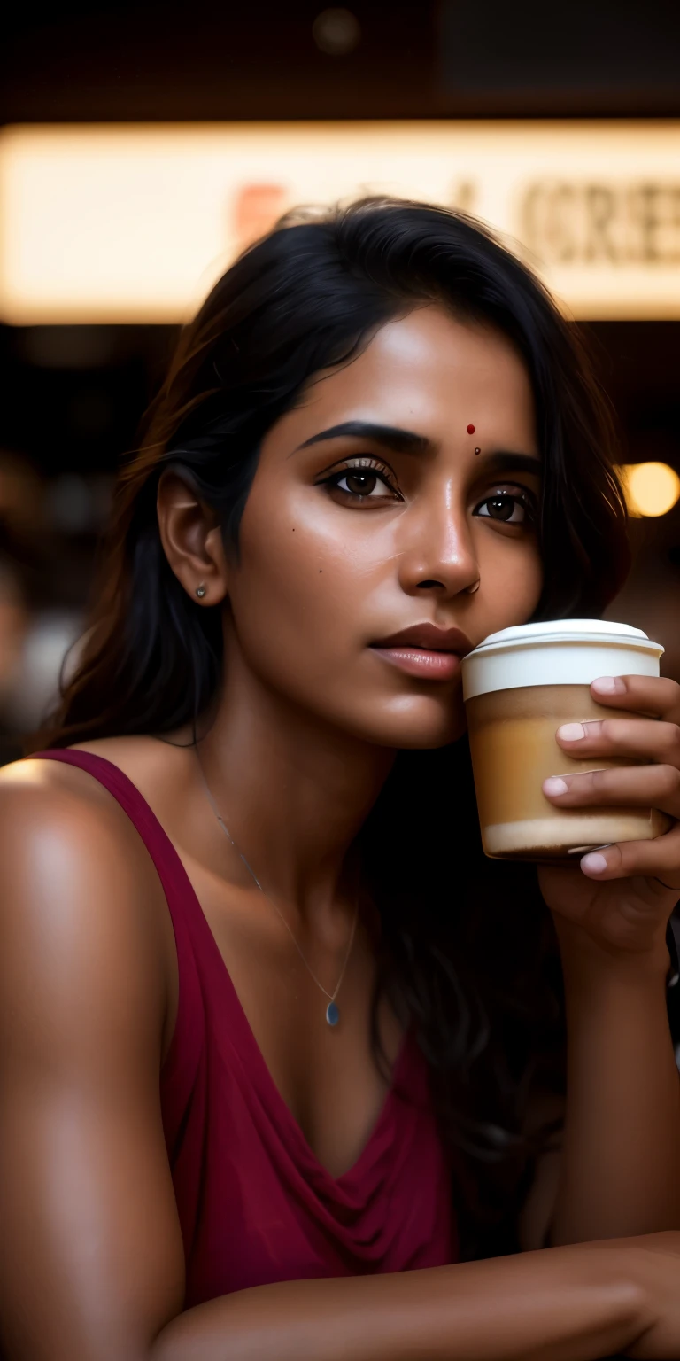 beautiful mature Indian college girl, inside a coffee shop, drinking coffee, ((slim, )), photorealistic, photo, masterpiece, realistic, realism, photorealism, high contrast, photorealistic digital art trending on Artstation 8k HD high definition detailed realistic, detailed, skin texture, hyper detailed, realistic skin texture, armature, best quality, ultra high res, (photorealistic:1.4),, high resolution, detailed, raw photo, sharp re, by lee jeffries nikon d850 film stock photograph 4 kodak portra 400 camera f1.6 lens rich colors hyper realistic lifelike texture dramatic lighting unrealengine trending on artstation cinestill 800,