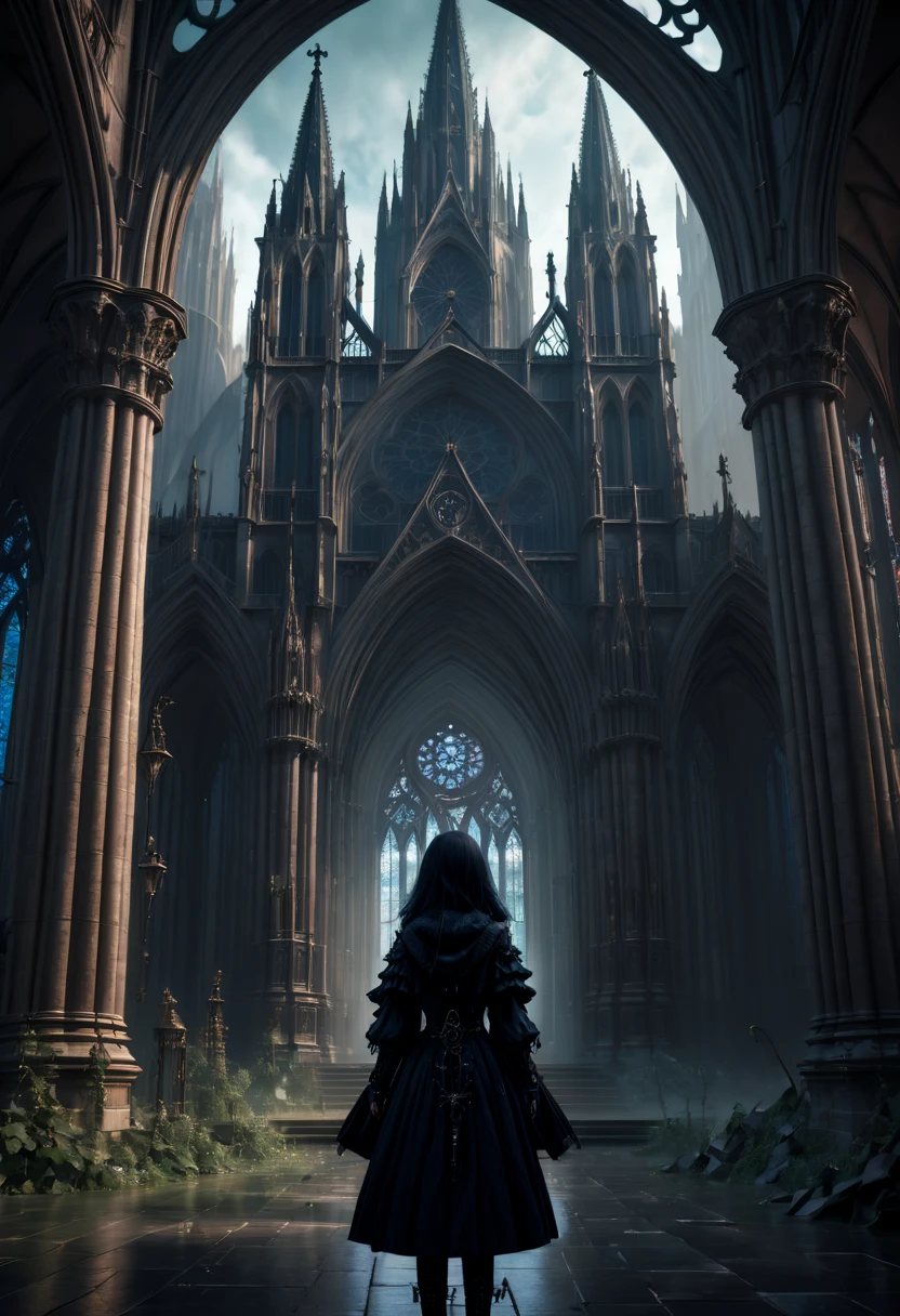 1girl, gothic aesthetic, Gothic Cathedral detailed matte painting, deep color, fantastical, intricate detail, splash screen, complementary colors, fantasy, 8k resolution Unreal Engine 5 Epic cinematic brilliant stunning intricate meticulously detailed dramatic atmospheric maximalist digital matte painting