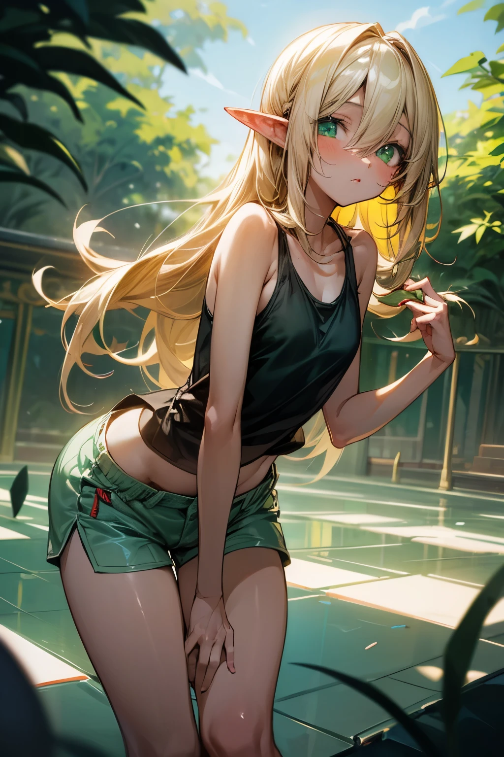 ((Masterpiece)), (Anime:1.3), ((best quality)), (RAW photo:1.2), (High Definition:1.3), (Professional Photography:1.2), (12 years old), (1girl), cute young girl, BREAK, blush, (Beautiful jade green eyes:1.5), (dark skin), elvish, flat chest, slender waist, (Surprising Pose girl), BREAK, (hair over eyes:1.2), very long bangs, Silky straight hair, very long transverse hair, ((blond hair)), Tank tops, shortpants,