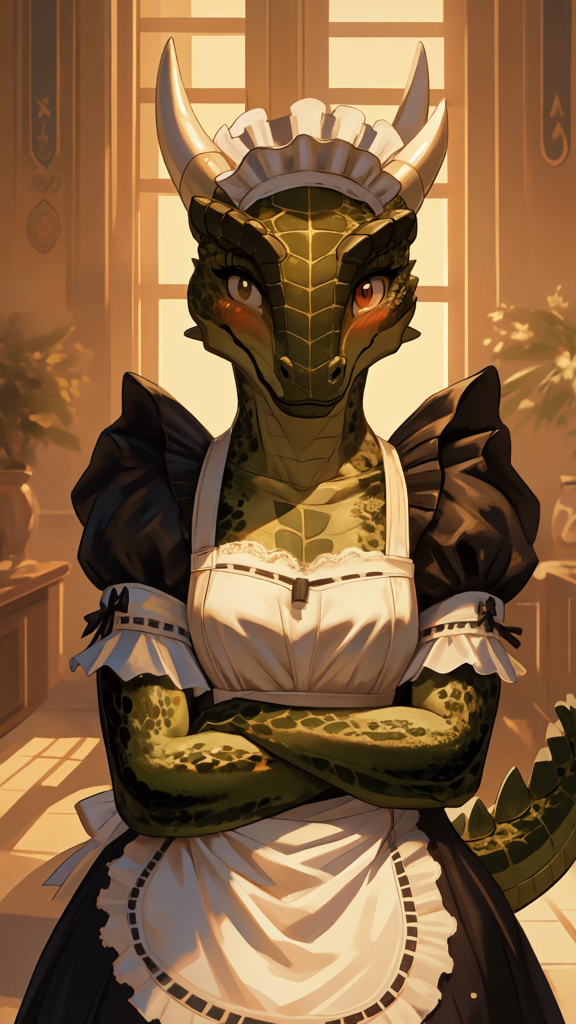 anime, hdr, soft light, ((best quality)), ((masterpiece)), (detailed), lustyargonian, maid, colored skin, green skin, maid headdress, tail, horns, (scales:1.2), (snout, animal nose:1.1), blush, embarrassed, (looking at viewer:1.1), cowboy shot,  captivating pose, mansion, 