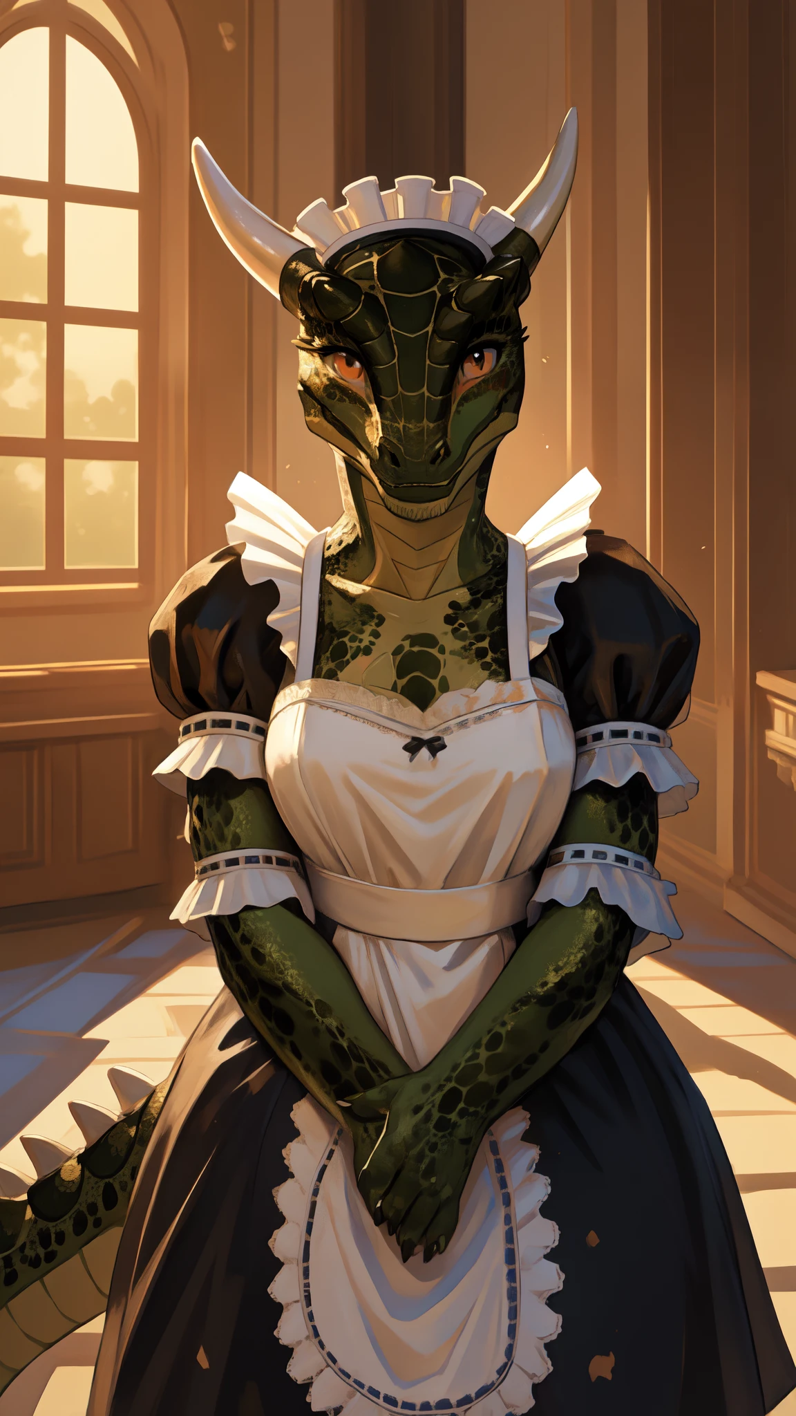 anime, hdr, soft light, ((best quality)), ((masterpiece)), (detailed), lustyargonian, maid, colored skin, green skin, maid headdress, tail, horns, (scales:1.2), (snout, animal nose:1.1), blush, embarrassed, (looking at viewer:1.1), cowboy shot,  captivating pose, mansion, 