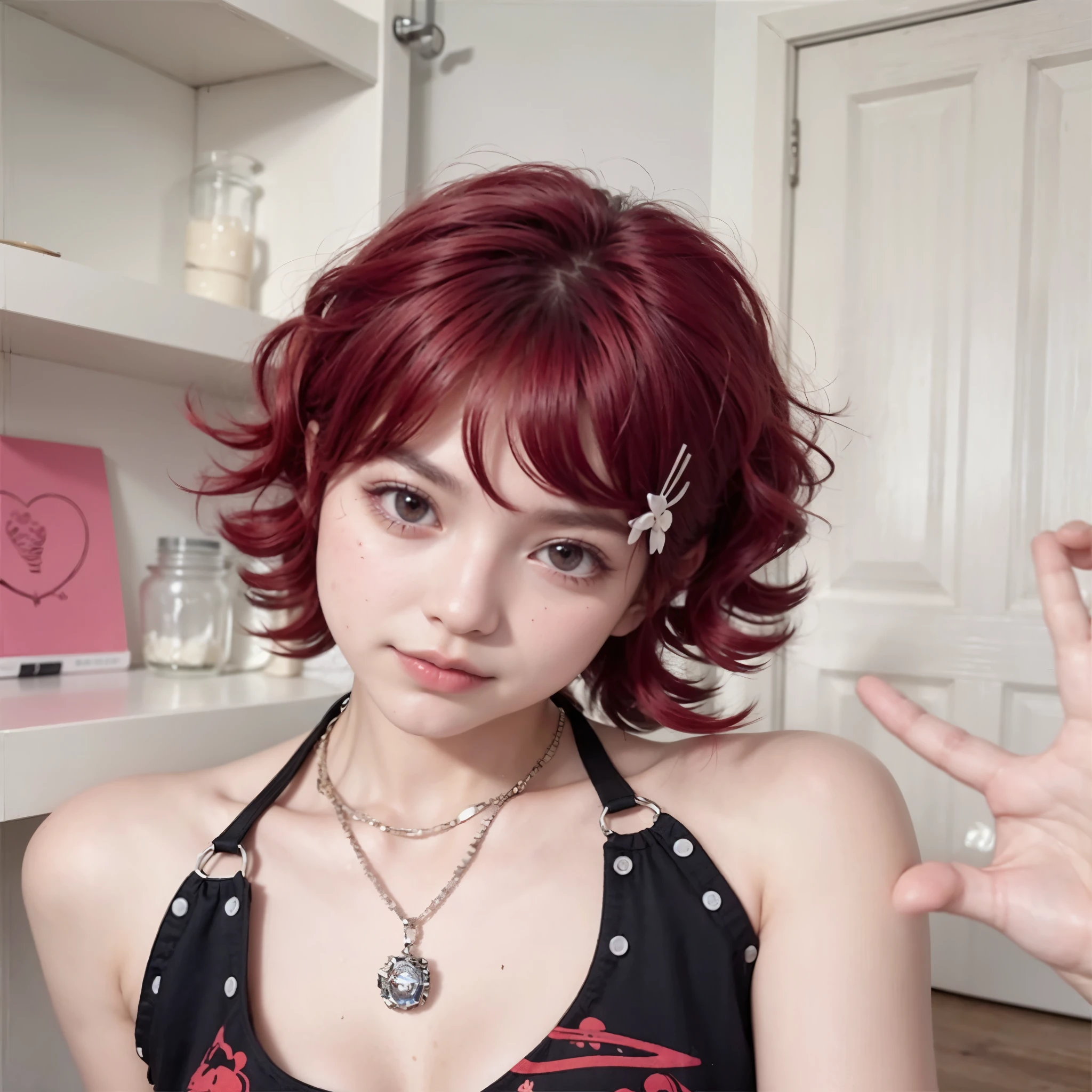 Mujer arafed con cabello rojo y un top negro posando para una foto., cabello rojo con puntas desordenadas, peluca roja, crimson red hair and red eyes, pelo corto rojo, linda chica con pelo corto rosa, 1 7 anime gothic girl, pelo rojo y rasgos atractivos, color rojo oscuro, crimson hair, pelo rojo vibrante cuadrado desordenado, pelo rojo corto
