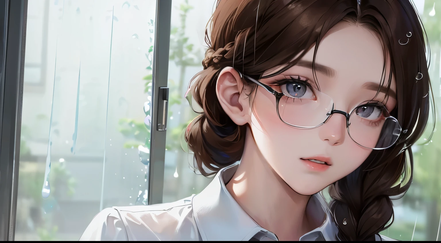 (((1 woman)))、(Top resolution、Distinct_image) best qualtiy、(((Rain outside the window)))、((sideways Facing))、masterpiece、ighly detailed、Semi-realistic、Brown hair、eye glass、Braided hairstyle、deadpan、bangss、21 years old、Mature、young、white shirt、delicated facial features、Facial featureid-shot、