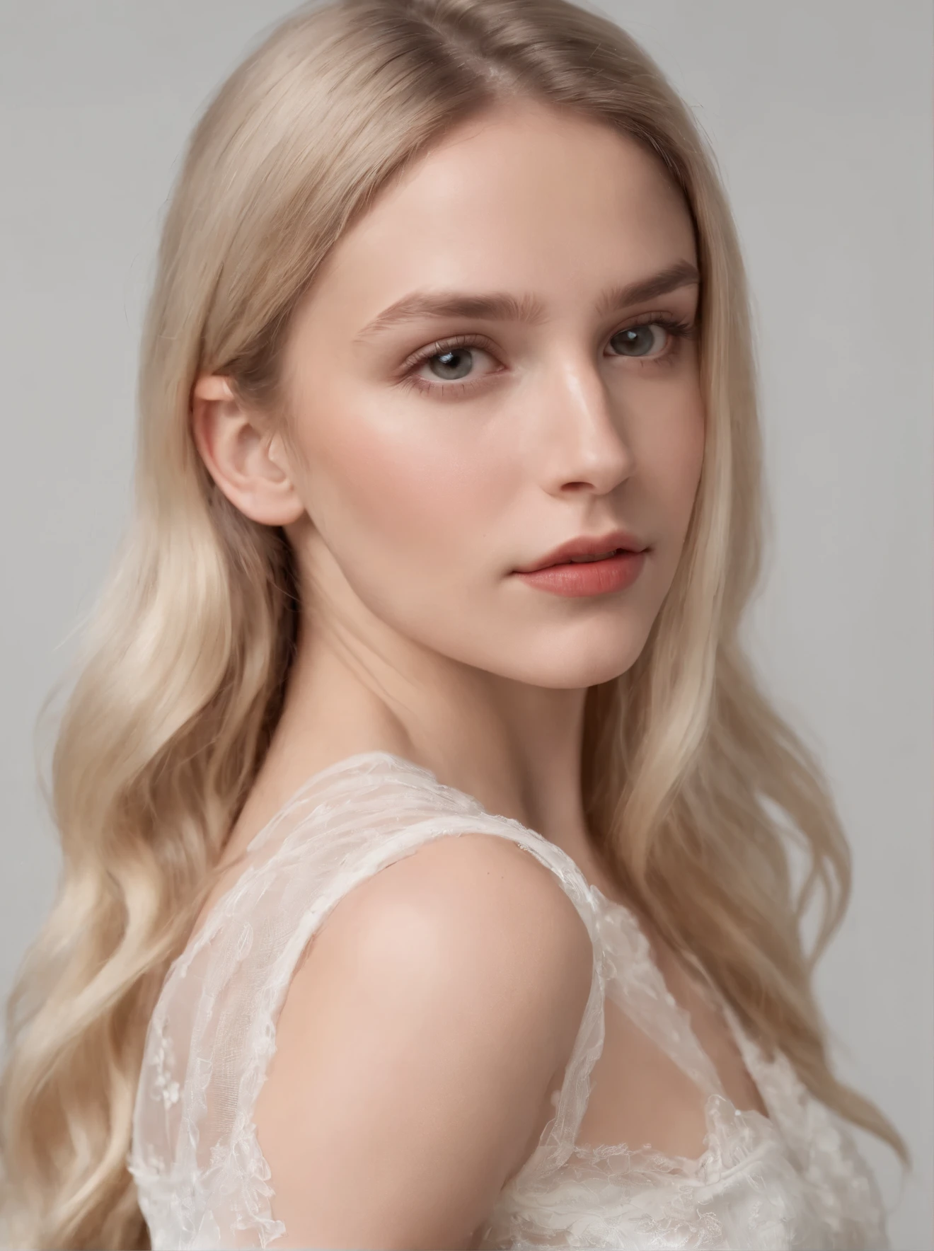 Photorealistic photo of a 20-year-old Swedish girl with long blonde hair with black highlight. She has dark chocolate eyes. She has no makeup and filter. She has her hair in a ponytail. She should have a little freckles on her face and birthmarks. She is posing in front of a fully white background wearing short red leather dress. She should be visible from her knees to the top of her head.