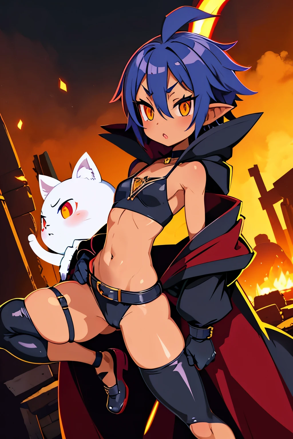 Dwarf Pygmy Slender Cat eyes Triangular mouth Red cheeks Short messy blue hair Slightly pointed ears Human ears Amber eyes Black pupils Dark skin Sunburn scars Bandages Bandages Vest Bottoms Choker Leather gloves Short leather shoes Belt White fur hooded robe Loin cloth Fur boa Tail Tattoo Ribs Navel Thighs Wedgie