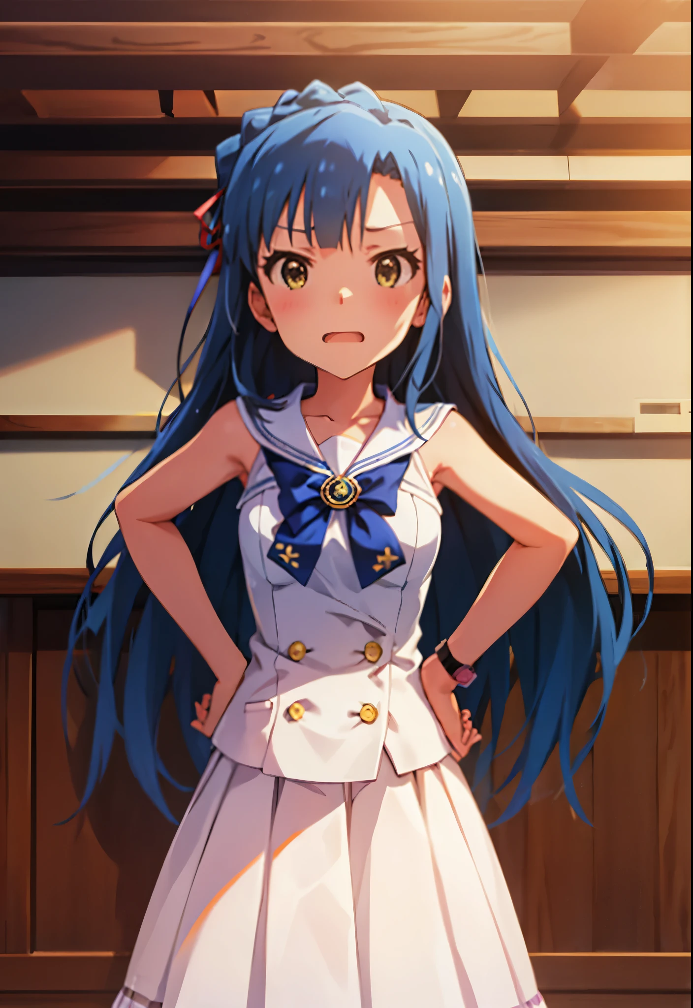 Yuriko Nanao (Million Live), (Top Quality, 8K, Masterpiece, Super Detail: 1.2), Cinematic Angle, Wide Shot, 1 Girl, Solo, Skirt, Watch Audience, Sailor Color, naked, School Uniform, Blush, Seravuk, Clavicle, Ribbon, Upper Body, Adjusted Hair, Wind, Floating Hair, Hands on Hips, Chest Stretching, Despair Face, Night, Clenching Fists.