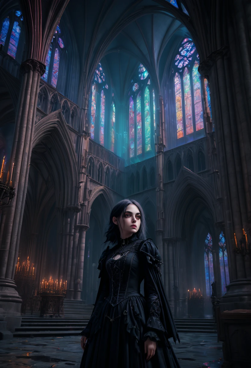 1girl, gothic aesthetic, Gothic Cathedral detailed matte painting, deep color, fantastical, intricate detail, splash screen, complementary colors, fantasy, 8k resolution Unreal Engine 5 Epic cinematic brilliant stunning intricate meticulously detailed dramatic atmospheric maximalist digital matte painting