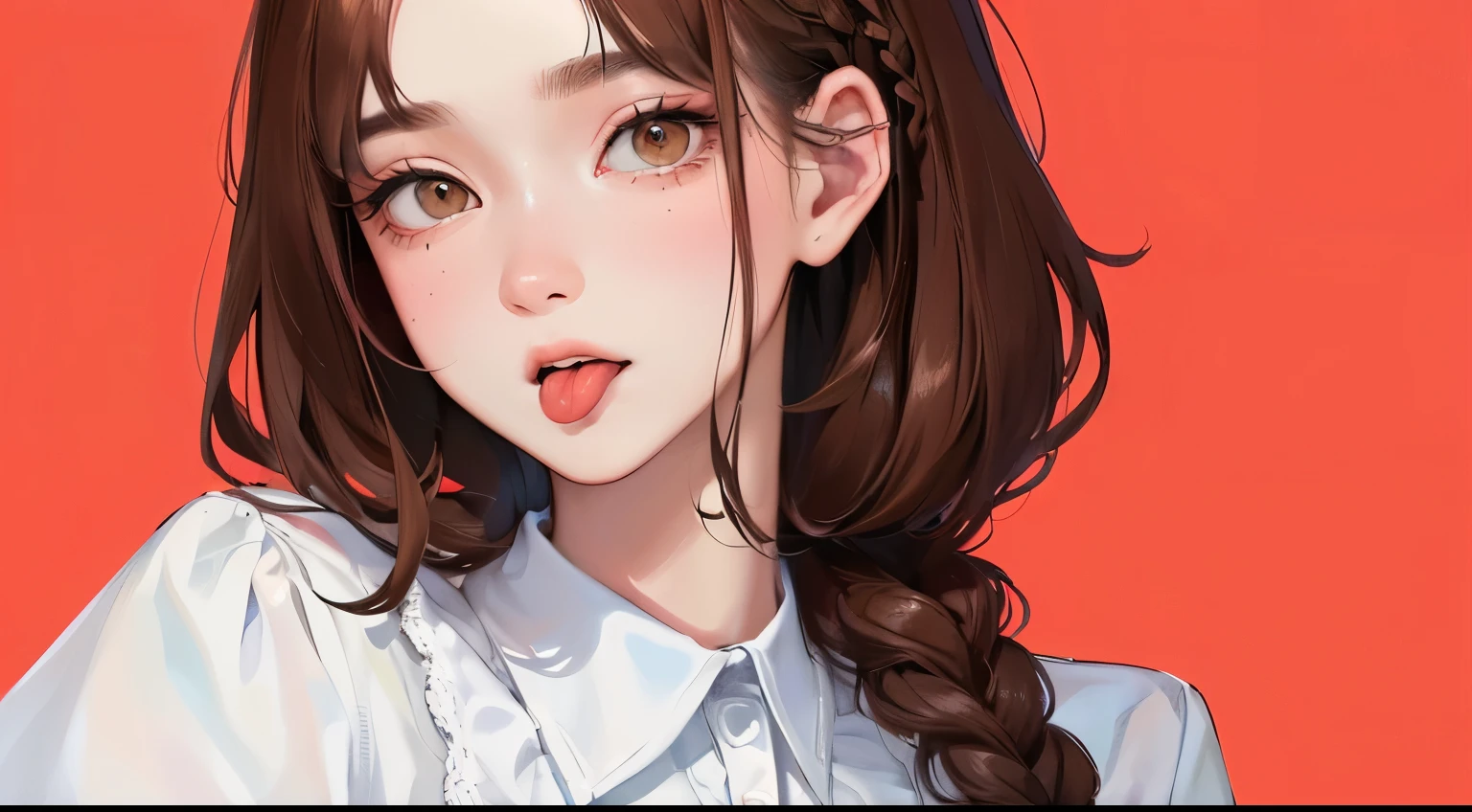 (Top resolution、Distinct_image) best qualtiy、(((1 woman)))、​masterpiece、ighly detailed、(put out the tongue)、Semi-realistic、Brown hair、Braided hairstyle、deadpan、bangss、21 years old、Mature、young、White blouse、Red background、delicated facial features、Facial featureid-shot、