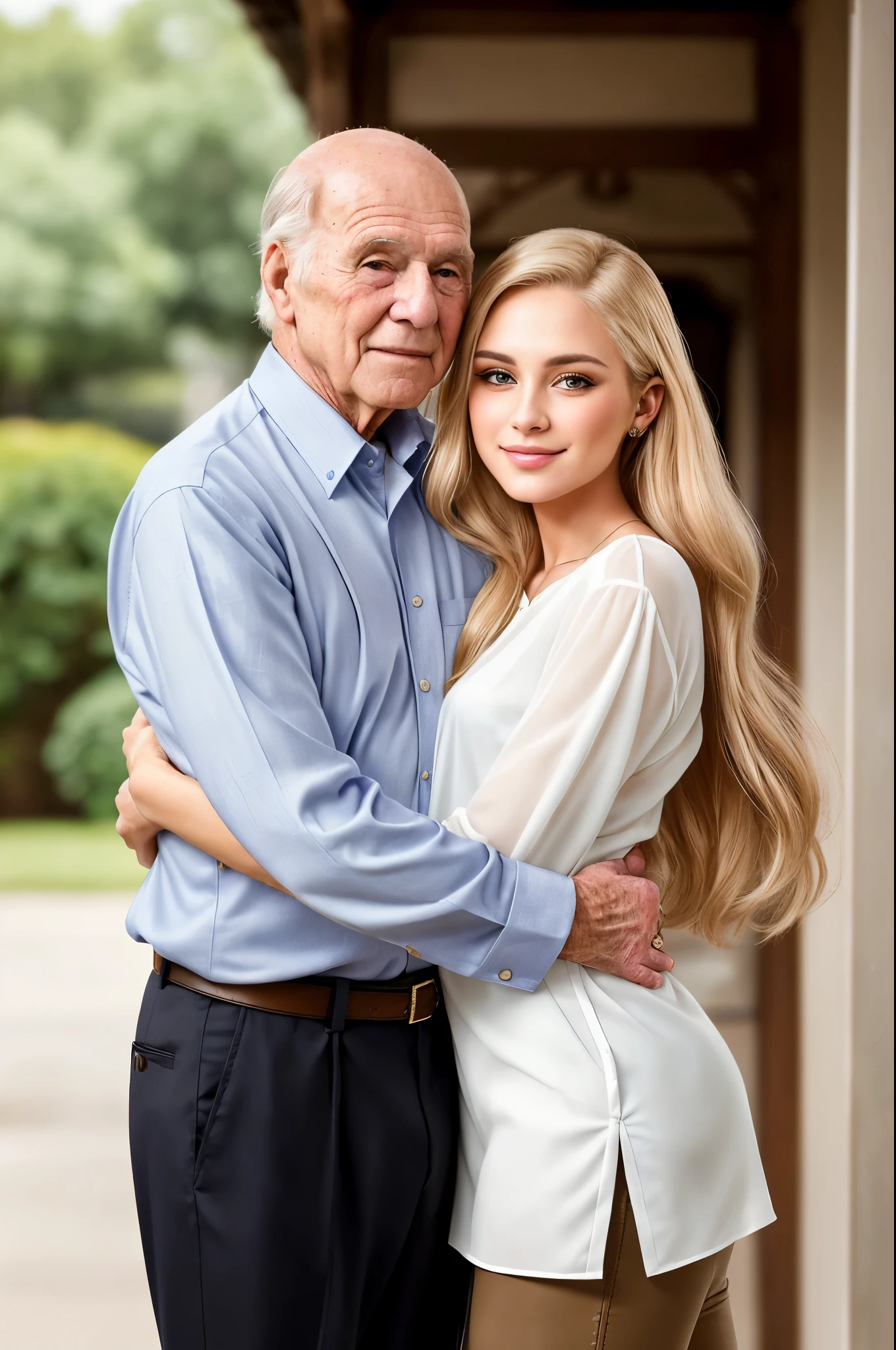 Fashion mock up, create a full length portrait of a couple. The man is a heavyset elderly American man partially bald, The woman is a 18 year old beautiful young woman with long blonde hair over her shoulders. she has a perfect trim body, (she is standing next to the elderly man, her arms hold him tightly) and she presses her face against his chest, she wears a sheer white blouse and (tight brown riding pants), she has a perfect face with perfect makeup, ((She is hugging the elderly man)), (She hugs the man tightly). They are smiling. The portrait should be well composed, avoiding distortions, deformities and unrealistic elements.