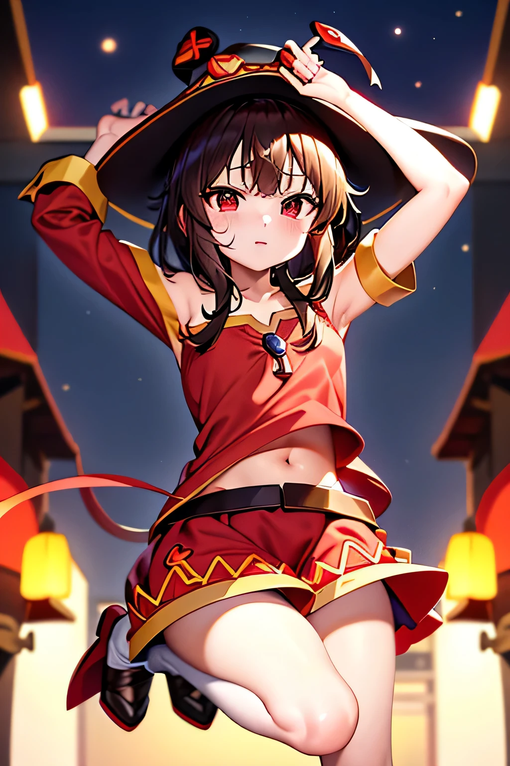 (better quality), [masterpiece], ((beautiful:0.75)  beautiful:0.75), [transparent and clean] pixiv (shape), ((Megumin)), two, walk, night, brown hair, black skirt, red sweater, short hair, red eyes、((sexy))、pointed nipples、belly button