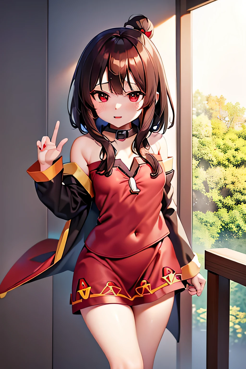 (better quality), [masterpiece], ((beautiful:0.75)  beautiful:0.75), [transparent and clean] pixiv (shape), ((Megumin)), two, walk, night, brown hair, black skirt, red sweater, short hair, red eyes、((sexy))、pointed nipples、belly button