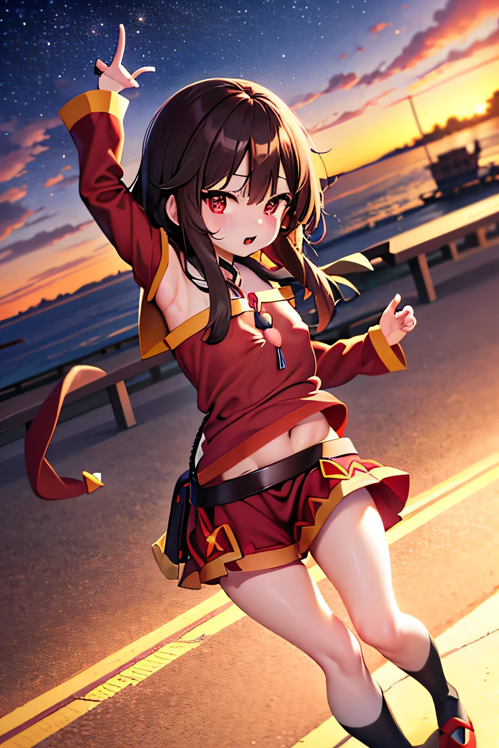 (better quality), [masterpiece], ((beautiful:0.75)  beautiful:0.75), [transparent and clean] pixiv (shape), ((Megumin)), two, walk, night, brown hair, black skirt, red sweater, short hair, red eyes、((sexy))、pointed nipples、belly button