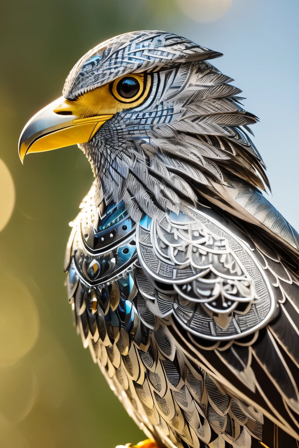 A sleek little bird, encased in a knightly armor shining brightly, its feathers resembling metallic scales, perches proudly on a branch with an air of nobility and determination. (1.1: intricately detailed armor, 1.3: scales-like feathers, hdr: play of light on armor, cinematic shot: bird's expression of resolve)