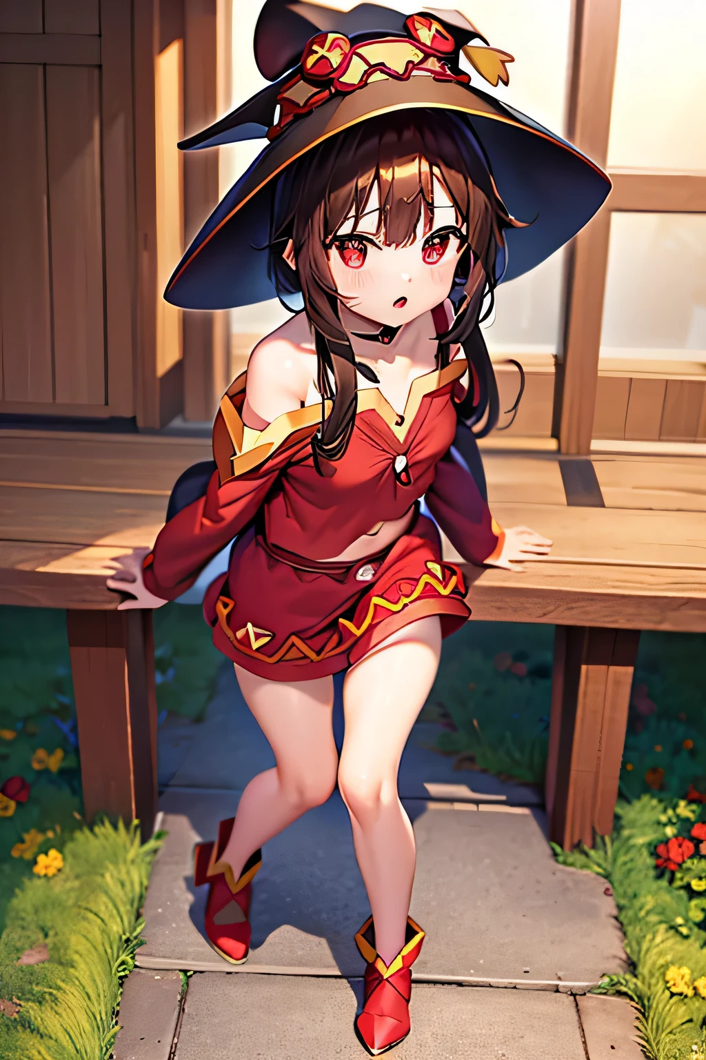 Megumin, KonoSuba, fantasy setting, petite figure, panty shot, casting magic, explosion