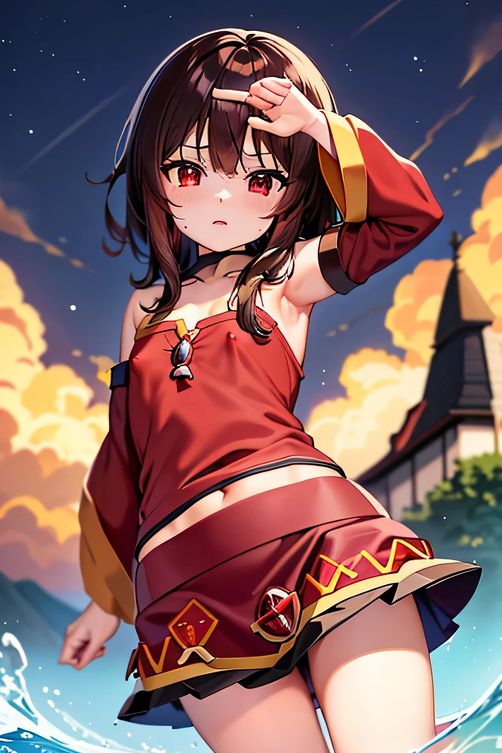 (better quality), [masterpiece], ((beautiful:0.75)  beautiful:0.75), [transparent and clean] pixiv (shape), ((Megumin)), two, walk, night, brown hair, black skirt, red sweater, short hair, red eyes、((sexy))、pointed nipples、belly button