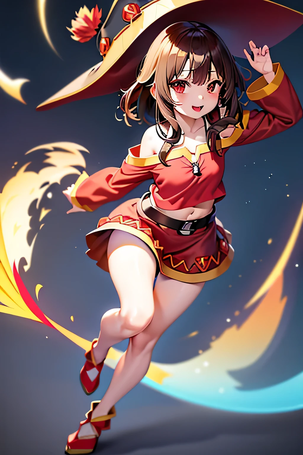 (better quality), [masterpiece], ((beautiful:0.75)  beautiful:0.75), [transparent and clean] pixiv (shape), ((Megumin)), two, walk, night, brown hair, black skirt, red sweater, short hair, red eyes、((sexy))、pointed nipples、belly button