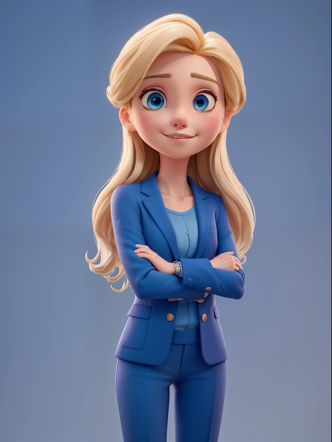 ((best quality)), ((work of art)), (detailed), perfect face, young twenty-two year old blonde, straight hair and blue eyes looking at the camera, wearing blue formal clothes, arms crossed