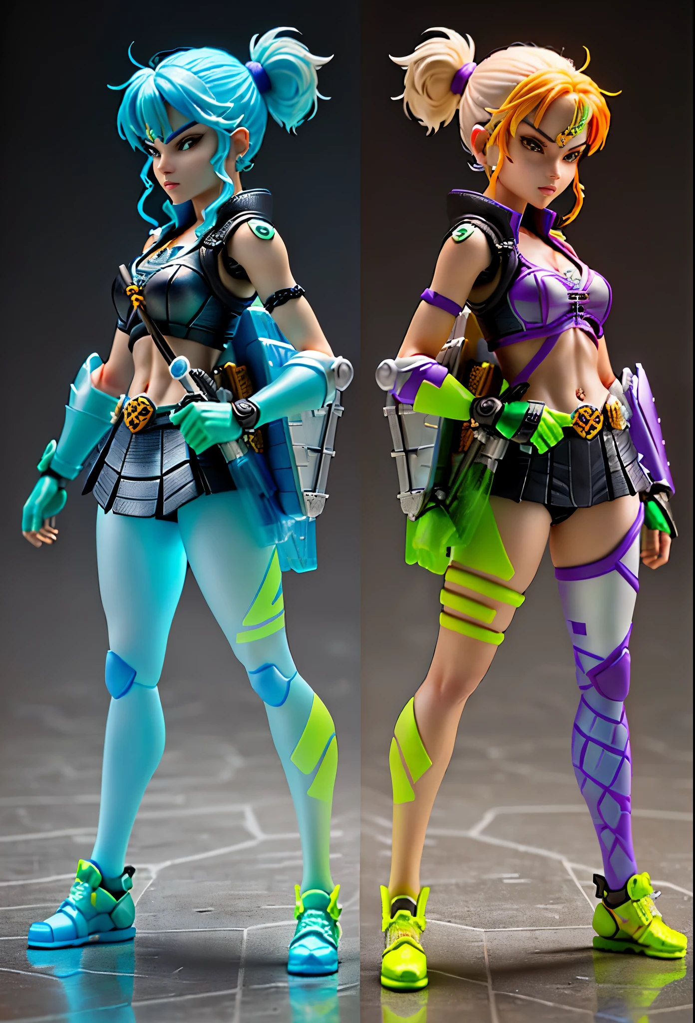 3D toy amazoness girl bring a shield and sword, 1 figure, (((multiple views of the same character))),(full bady) ,(age mutant ninja turtle:1.325), fluorescent translucent, luminous body, colorful, plastic, transparent, product design, glowing jelly, precision mechanical parts, awesome Lighting, 3D, digital art , translucent plastic bubblegum, close-up, 3d, super detailed, generate three views, namely front view, side view and rear view, no boundary line, C4D, octane rendering, Blender, HD, full body, simple background!!! --ar 16:9 --niji 5 --style expressiveness