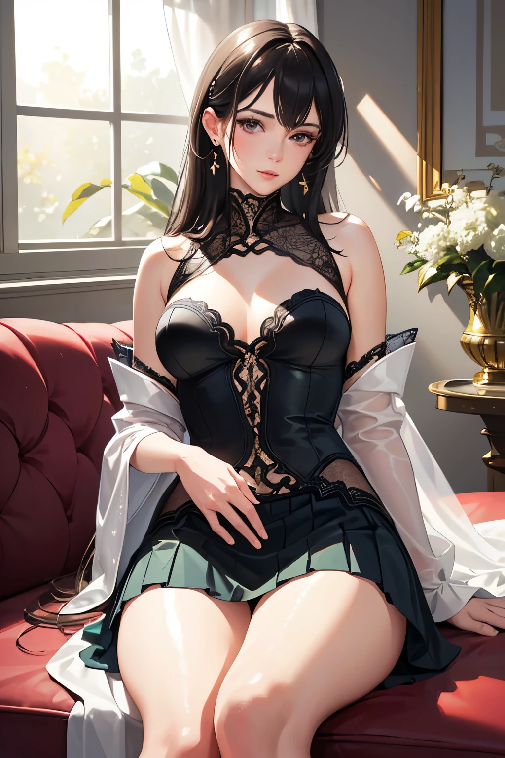 High-resolution masterpiece, solo woman, couch setting, wearing a thigh-high skirt, soft natural light, window side, seductive gaze, cute and thoughtful expression, delicate eyes, neat face, angled view, touching clothes to highlight thigh-highs and skirt. Realistic rendering, ultra-detailed, (shiny, satin-like skirt fabric: 1.2), dynamic light and shadow, depth of field, sharp focus, depth perception, delicate features, realistic texture. Indoor scene, minimalist background, artistic, chic, alluring atmosphere.