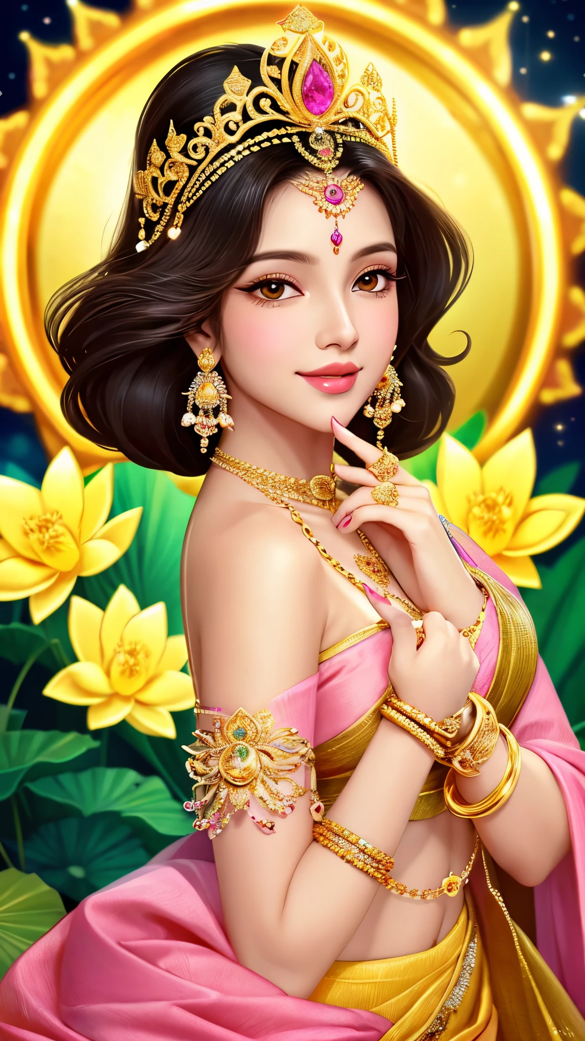 Cartoon of a beautiful woman, Goddess Lakshmi, with golden skin that shines like pure gold. Her eyes were round and shone like stars. Her nose was prominent and well-shaped. Her lips were full and pink like rose petals. Wearing the most splendid robes She wore a golden crown decorated with precious gems. She wore a layered gold necklace decorated with diamonds, gems, and emeralds. She wore gold bracelets on her arms and ankles, seated on pink lotus flowers. Holding a white lotus in his right hand He holds a sea shell in his left hand.
