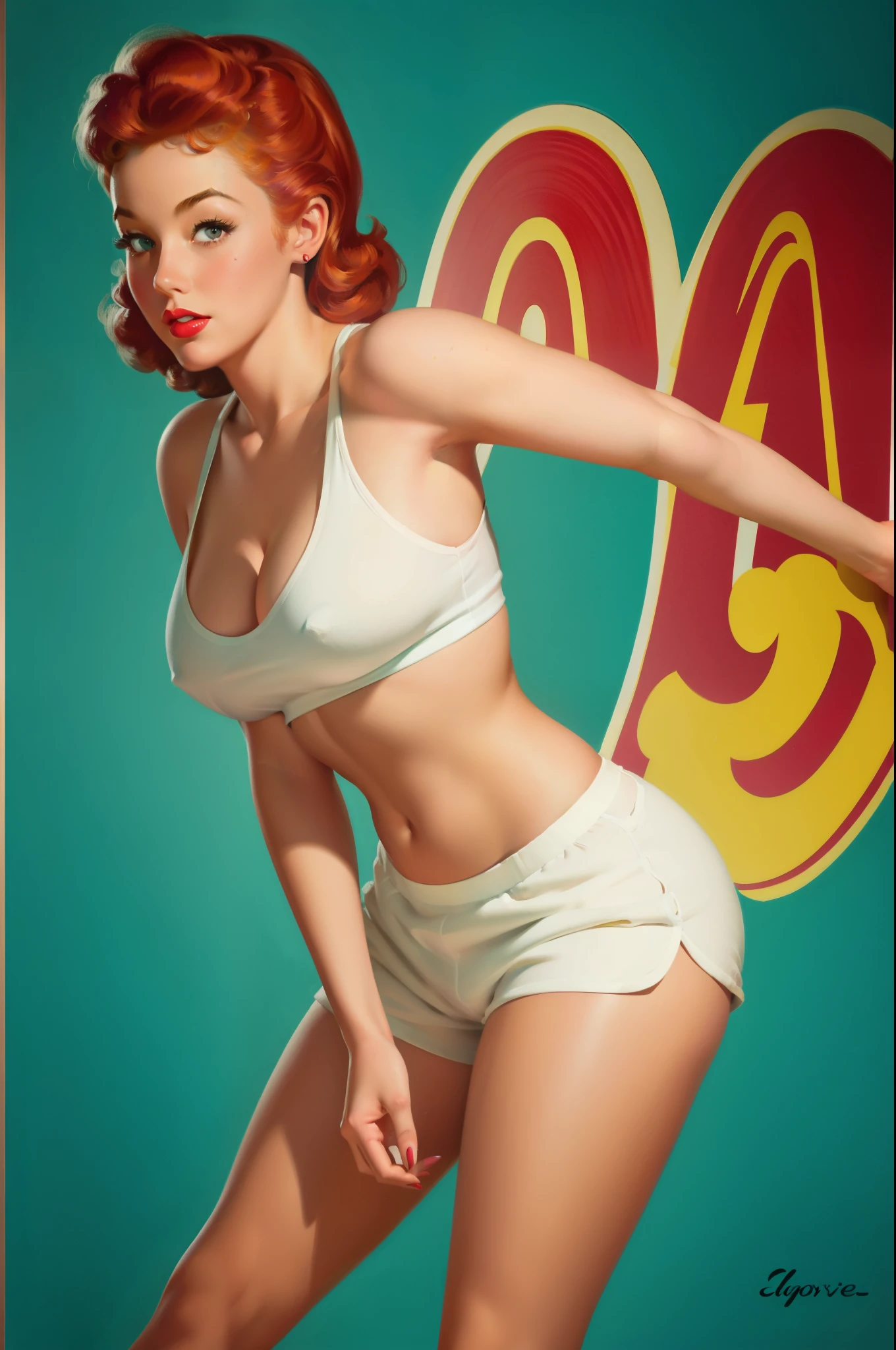 20 years old Girl in school gym, sexy gym cloths shorts and t-shirt, medium breast, shining skin, dramatic lighting, pin up style, sexy, surprised, , colorful , masterpieces, illustrated, shining skin, detailed face, Medium breast. tight body. red hair, Illustrated BY Zoe Mozert,   pinup art byZoe Mozert,  vintage pin up, illustrated by Zoe Mozert, girl pinup, pinup girl, pin-up poster girl, pin up girl, pinup, pin - up girl, Detailed face, Detailed Hands, Detailed legs,