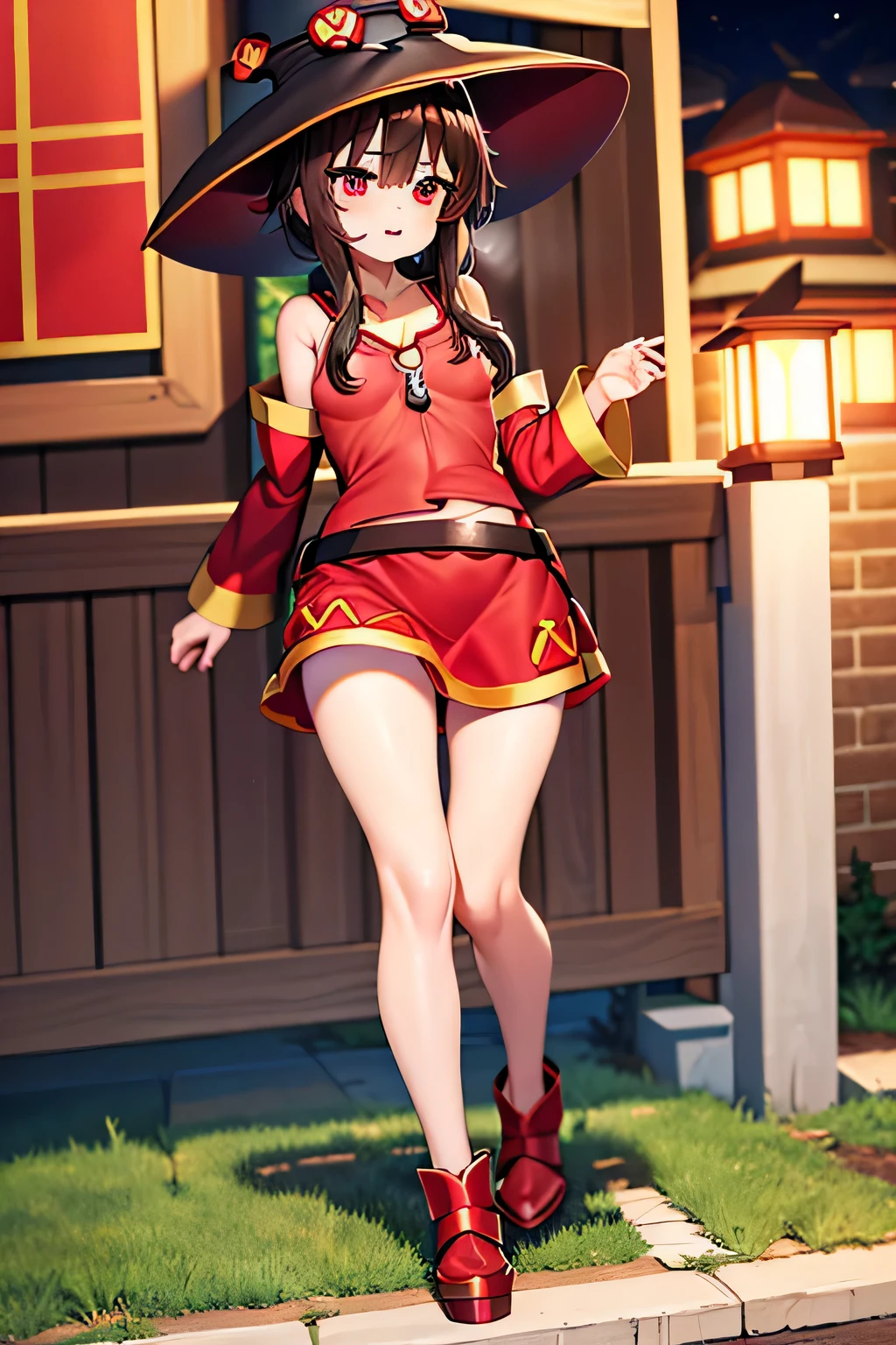 (better quality), [masterpiece], ((beautiful:0.75)  beautiful:0.75), [transparent and clean] pixiv (shape), ((Megumin)), two, walk, night, brown hair, black skirt, red sweater, short hair, red eyes、((sexy))、pointed nipples、belly button