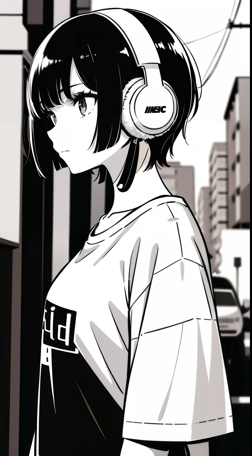 Girl, side portrait, Black and white, Messy short hair, Avant-garde accessories,Sporty style, Casual T-shirt, Confident gaze, monochromatic color scheme, Looks to the side, Chic street fashion, Casual hand in pocket pose,Head,((One guy)),Over-ear headphones, Large earmuffs,Luxurious long hair