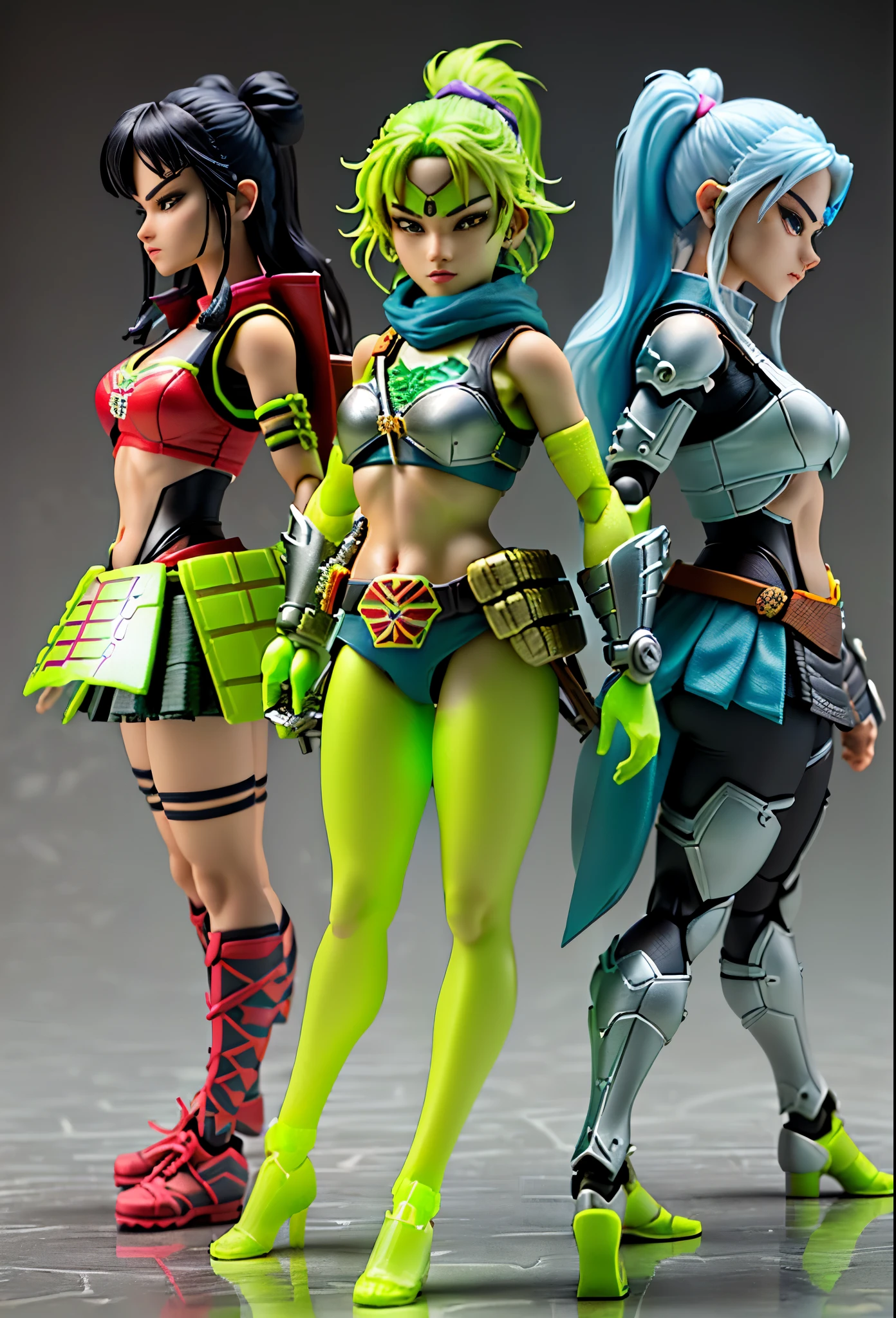 3D toy amazoness girl bring a shield and sword, 1 figure, (((multiple views of the same character)))，(full bady) ,(teenage mutant ninja turtle:1.325), fluorescent translucent, luminous body, colorful, plastic, transparent, product design, glowing jelly, precision mechanical parts, awesome Lighting, 3D, digital art , translucent plastic bubblegum, close-up, 3d, super detailed, generate three views, namely front view, side view and rear view, no boundary line, C4D, octane rendering, Blender, HD, full body, simple background!!! --ar 16:9 --niji 5 --style expressiveness