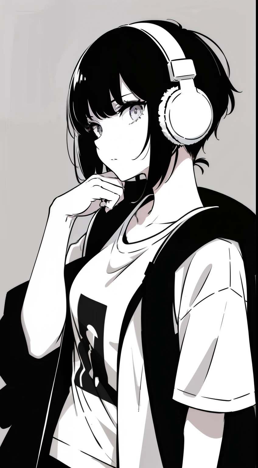 Girl, side portrait, Black and white, Messy short hair, Avant-garde accessories,Sporty style, Casual T-shirt, Confident gaze, monochromatic color scheme, Looks to the side, Chic street fashion, Casual hand in pocket pose,Head,((One guy)),Over-ear headphones, Large earmuffs,Luxurious long hair