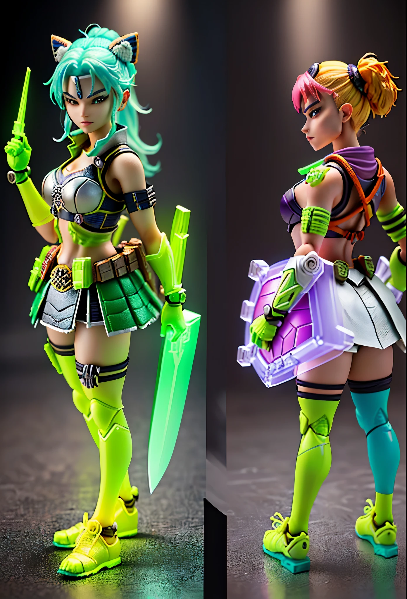 3D toy amazoness girl bring a shield and sword, 1 figure, (((multiple views of the same character)))，(full bady) ,(teenage mutant ninja turtle:1.325), fluorescent translucent, luminous body, colorful, plastic, transparent, product design, glowing jelly, precision mechanical parts, awesome Lighting, 3D, digital art , translucent plastic bubblegum, close-up, 3d, super detailed, generate three views, namely front view, side view and rear view, no boundary line, C4D, octane rendering, Blender, HD, full body, simple background!!! --ar 16:9 --niji 5 --style expressiveness