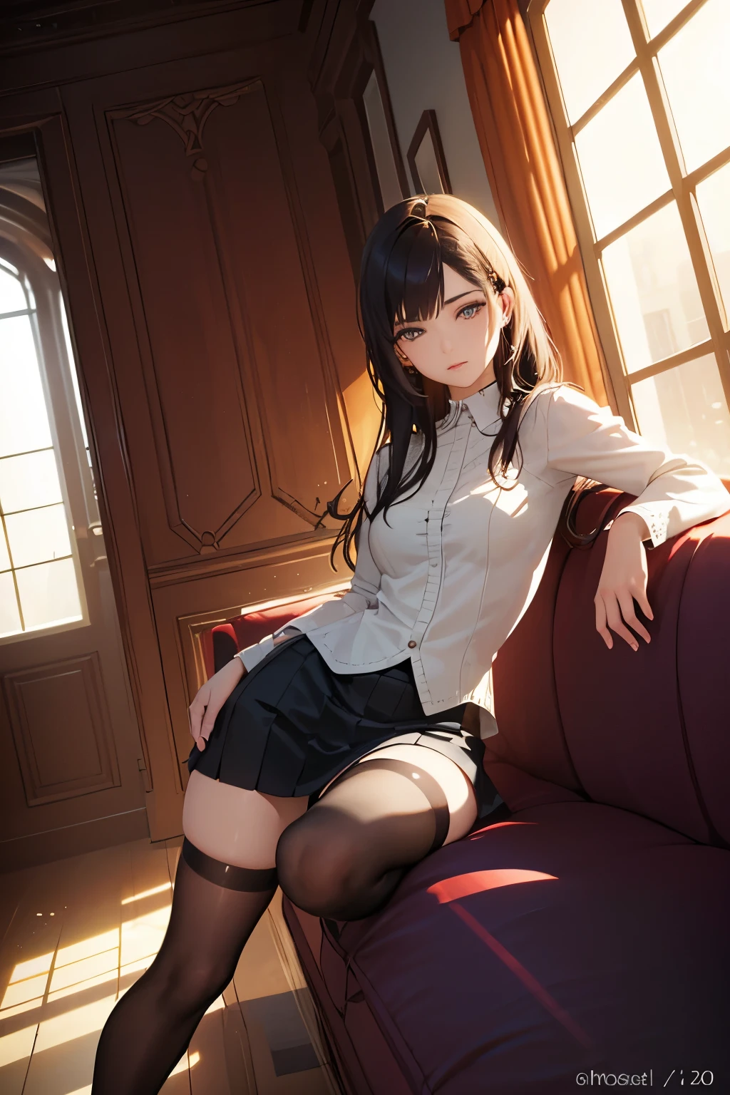 a sexy girl in blouse and skirt sitting on an armchair with her legs open showing her underwear, skirt,long stockings, upskirt, camel toe, sexy underwear, medium breasts, (very detailed), (perfectly detailed face), (perfectly detailed face), (detailed hand),