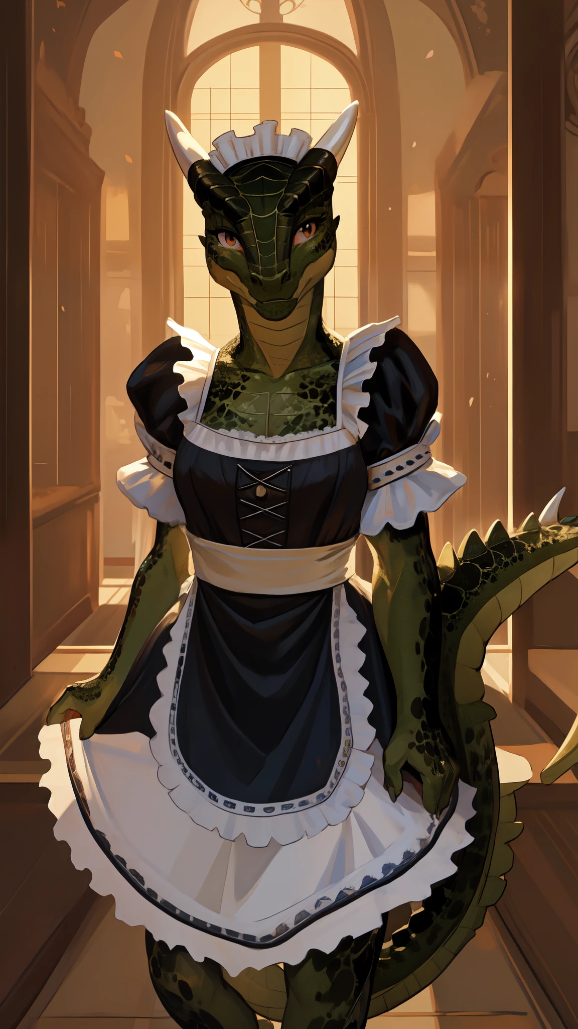 anime, hdr, soft light, ((best quality)), ((masterpiece)), (detailed), lustyargonian, maid, colored skin, green skin, maid headdress, tail, horns, (scales:1.2), (snout, animal nose:1.1), blush, embarrassed, (looking at viewer:1.1), cowboy shot,  captivating pose, mansion, 