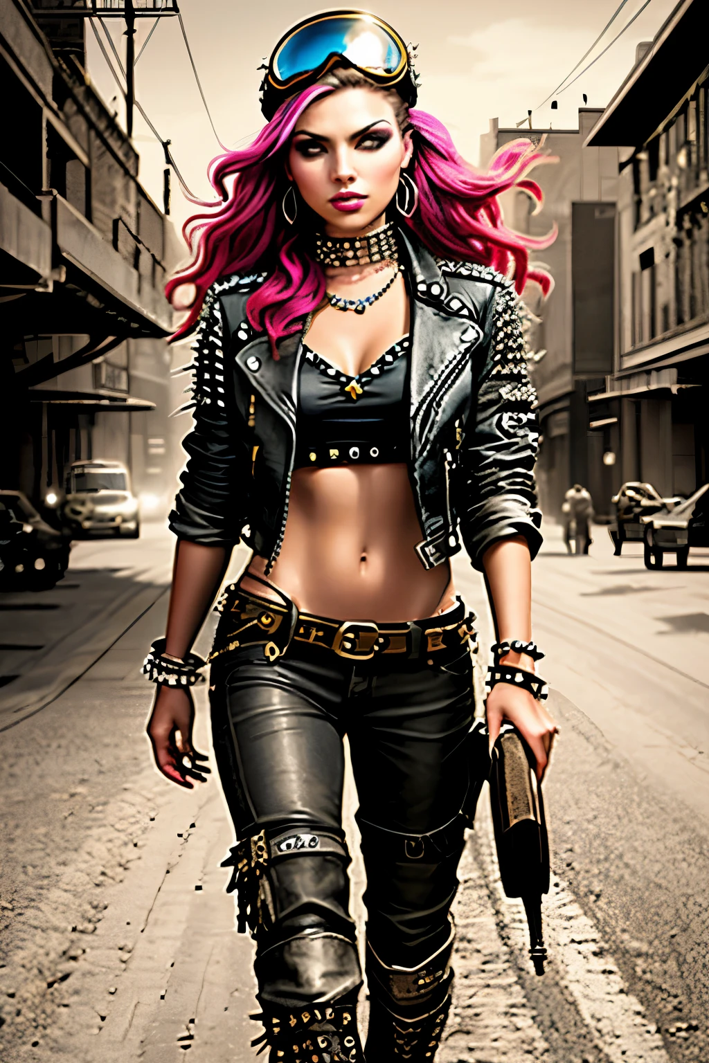 (Obra maestra, Mejor calidad)
An incredibly beautiful young woman with long, radiant hair in various punk-style colors flows around her, adorned with intricate accessories. Dressed in the Mad Max style, she dons a leather pilot's helmet bedecked with intricate embellishments, a torn leather jacket adorned with numerous metal studs and spikes. Her outfit is completed with punk-inspired pants and combat boots. She poses dynamically and sensually, her captivating expression fixed directly on the camera, radiating an aura of confidence and challenge. The backdrop of this masterpiece is nothing short of epic, showcasing a destructive