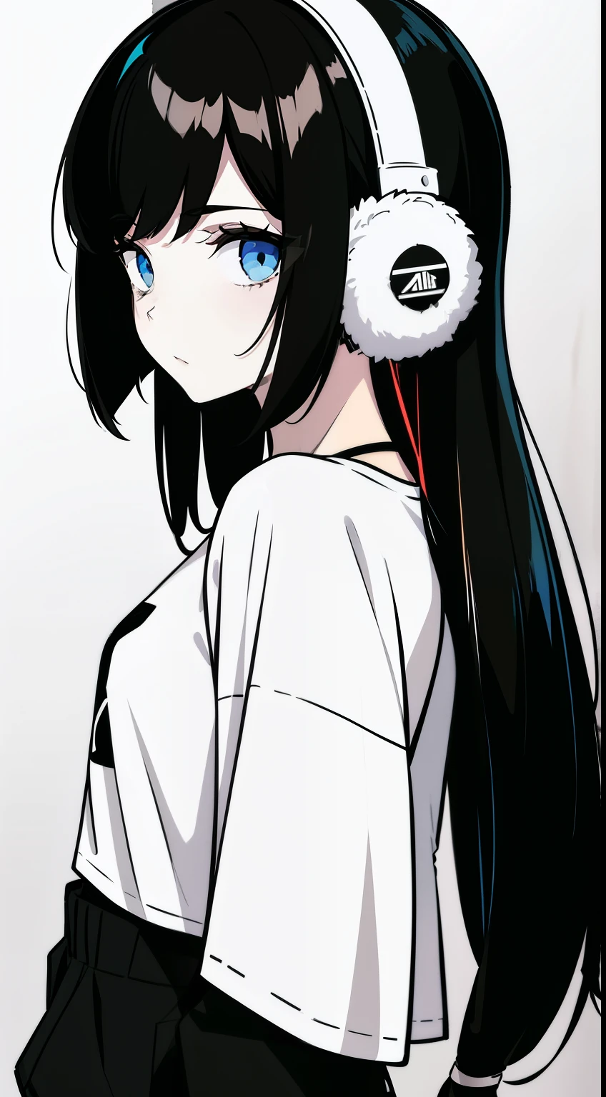 Girl, side portrait, Black and white, Messy short hair, Avant-garde accessories,Sporty style, Casual T-shirt, Confident gaze, monochromatic color scheme, Looks to the side, Chic street fashion, Casual hand in pocket pose,Head,((One guy)),Over-ear headphones, Large earmuffs,Luxurious long hair