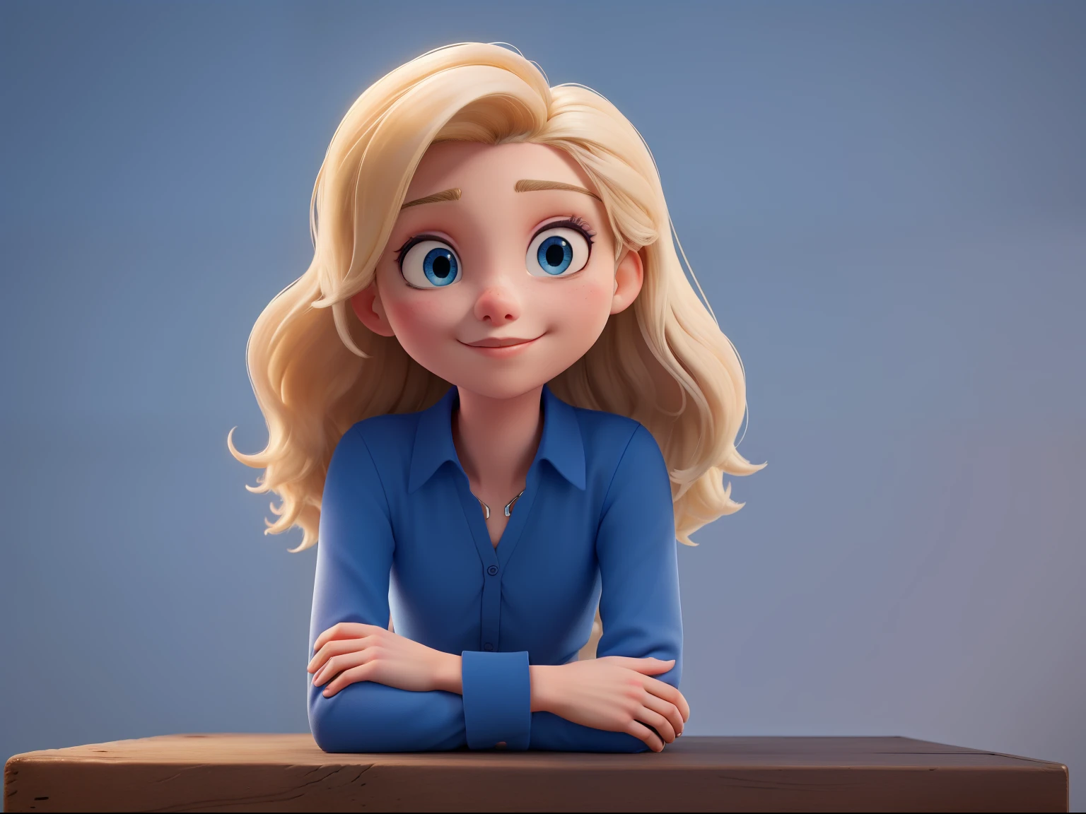 ((best quality)), ((work of art)), (detailed), perfect face, young twenty-two year old blonde, straight hair and blue eyes looking at the camera, wearing blue formal clothes, arms crossed