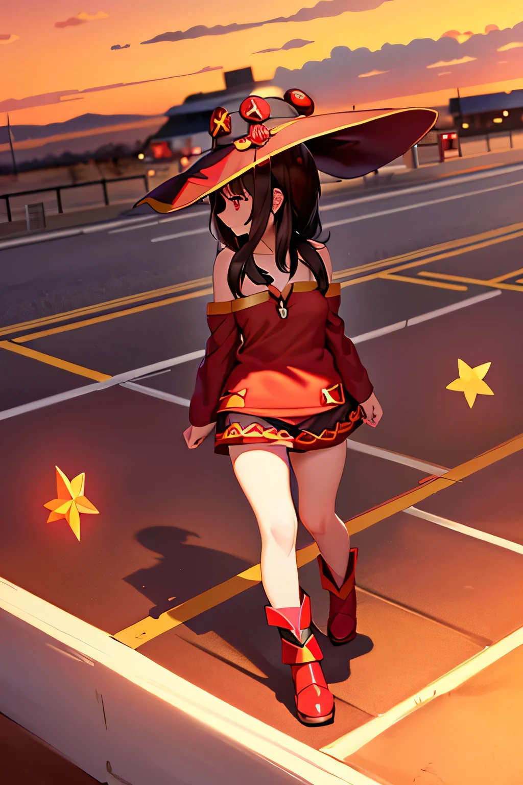 (better quality), [masterpiece], ((beautiful:0.75)  beautiful:0.75), [transparent and clean] pixiv (shape), ((Megumin)), two, walk, night, brown hair, black skirt, red sweater, short hair, red eyes、((sexy))、pointed nipples、