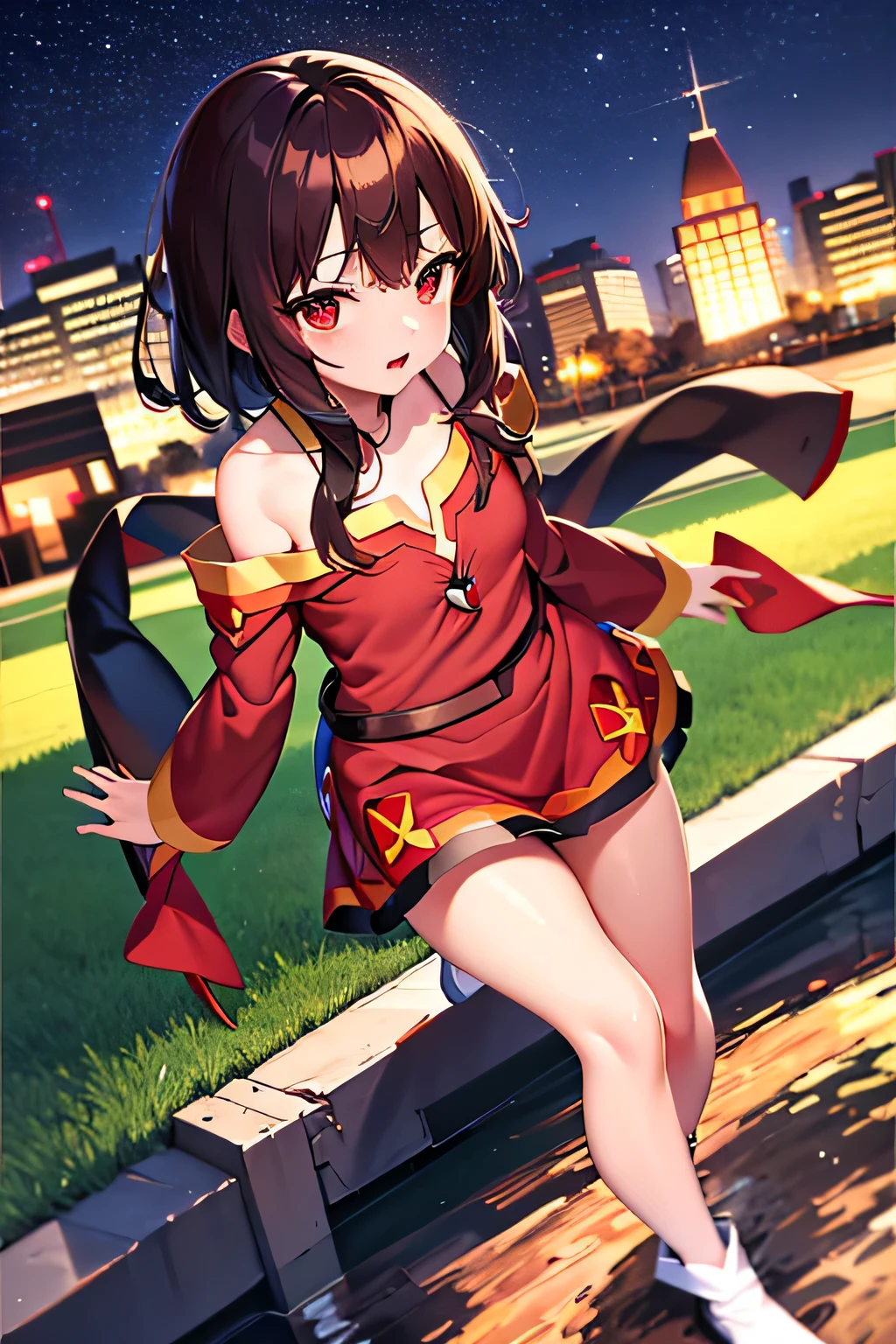 (better quality), [masterpiece], ((beautiful:0.75)  beautiful:0.75), [transparent and clean] pixiv (shape), ((Megumin)), two, walk, night, brown hair, black skirt, red sweater, short hair, red eyes、((sexy))、pointed nipples、