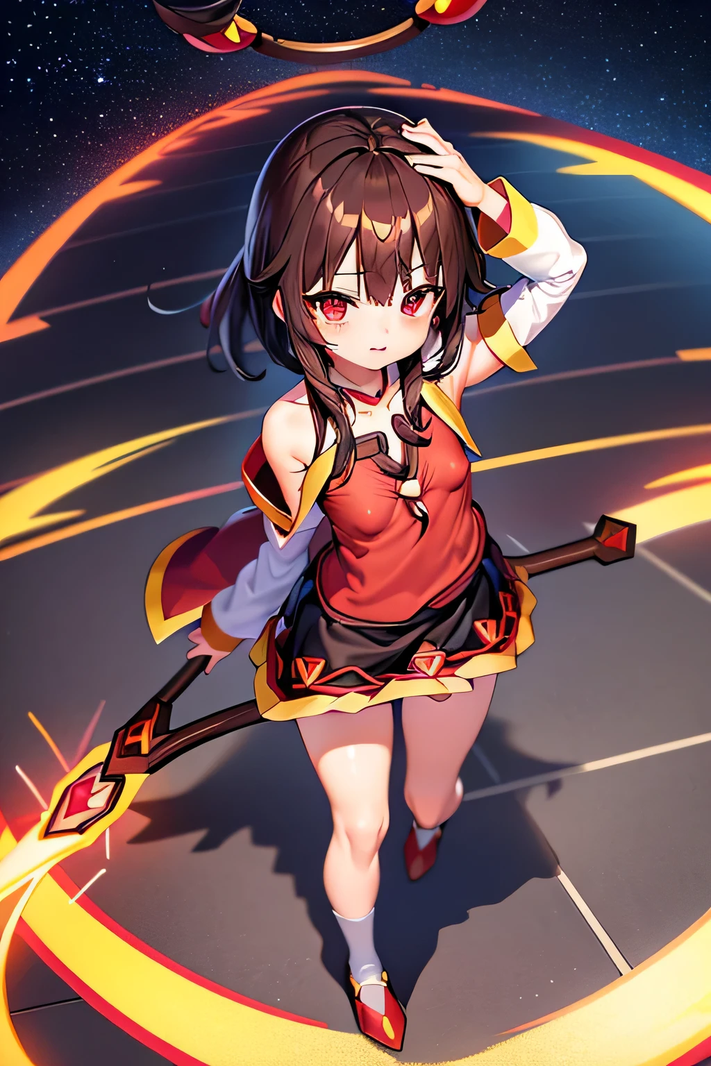 (better quality), [masterpiece], ((beautiful:0.75)  beautiful:0.75), [transparent and clean] pixiv (shape), ((Megumin)), two, walk, night, brown hair, black skirt, red sweater, short hair, red eyes、((sexy))、pointed nipples、belly button
