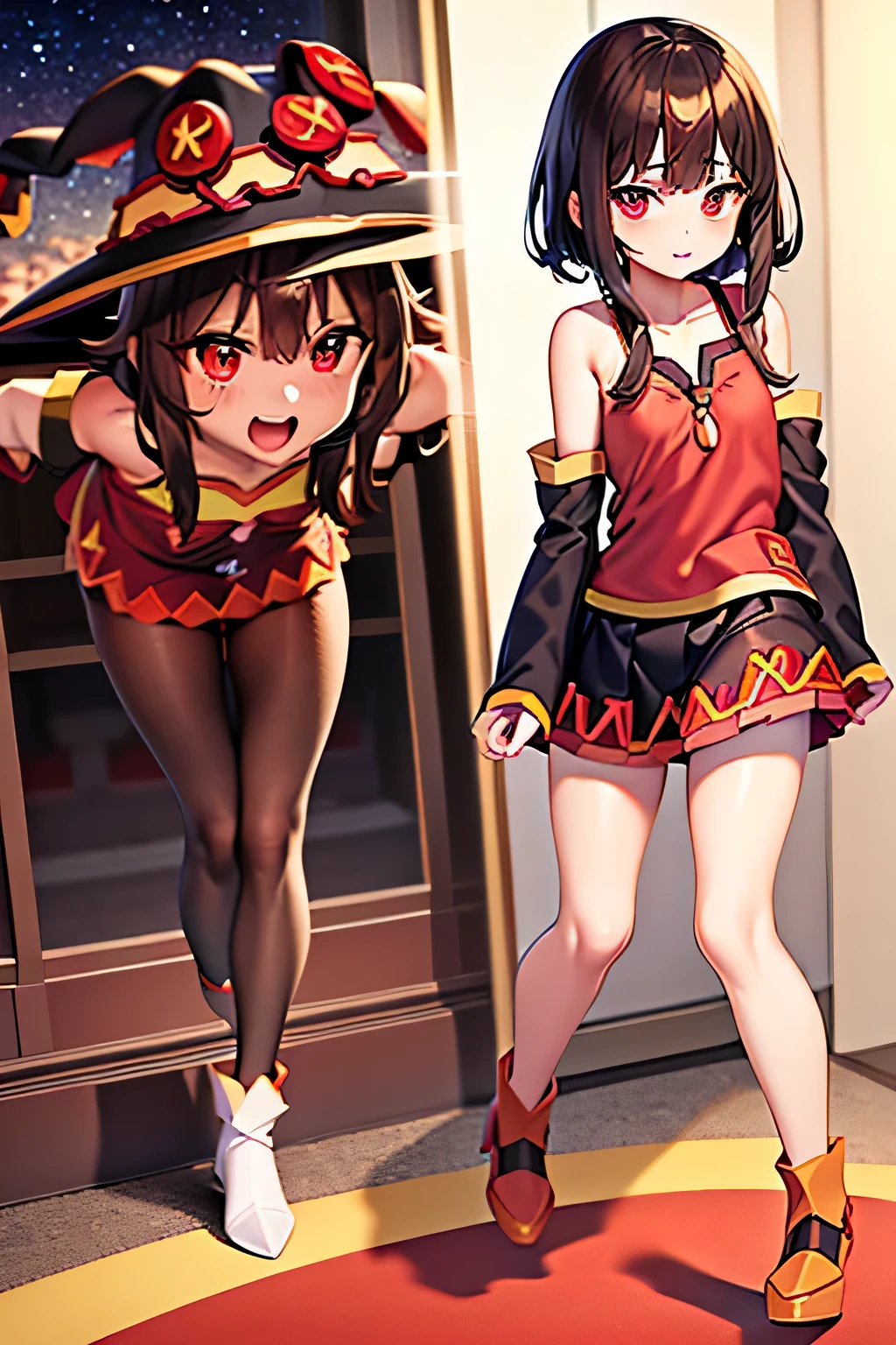 1girl,gold micro bikini,, (loli:1.8),eyelashes, (makeup:1.2),(lipstick:1.3), (night:1.3), flat chest, smirk, alley, partially visible vulva, navel, legs apart, cleft of , high heels,backpack, animal collar, facing viewer, groin,