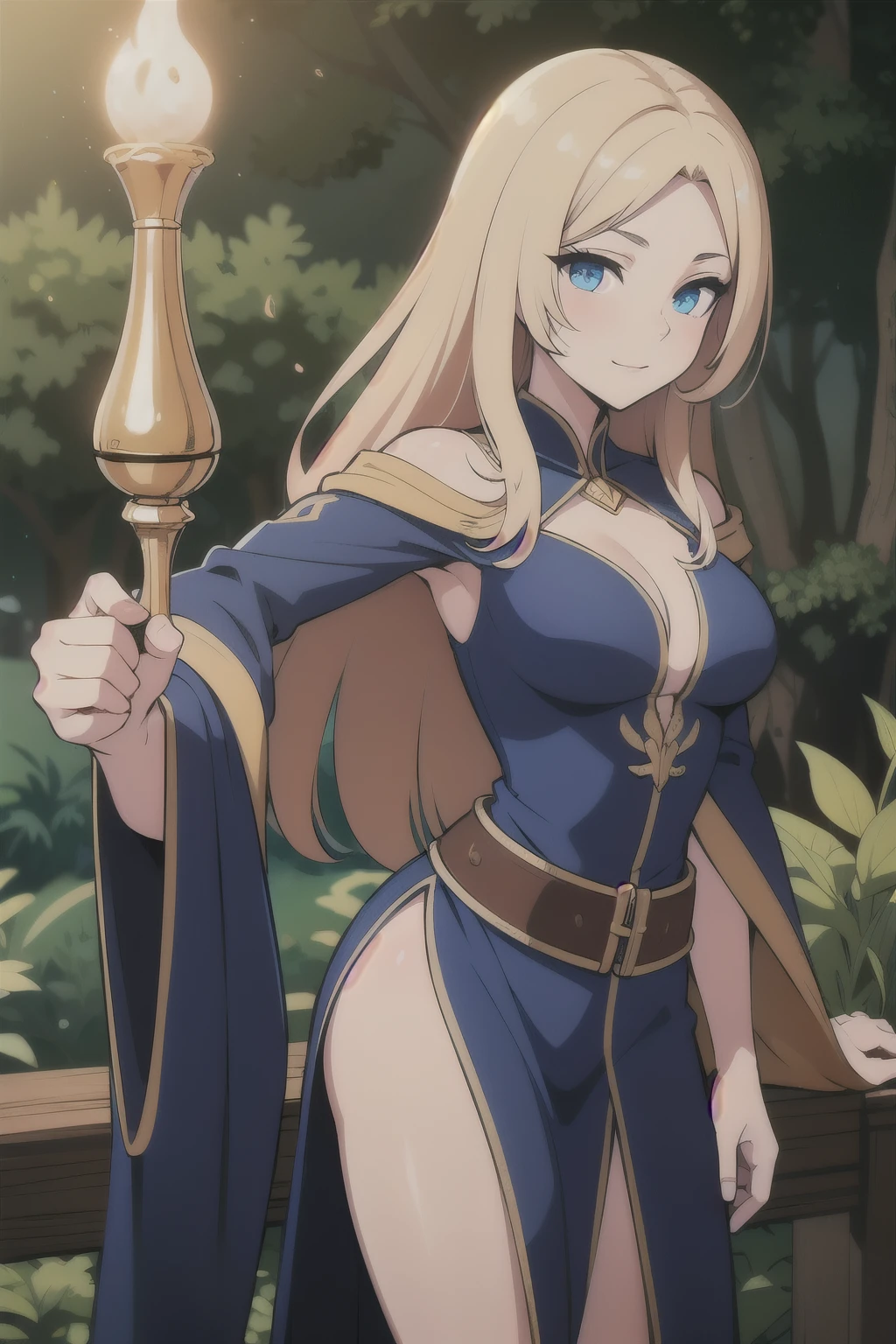 ((Best quality)), ((Masterpiece)), (detailed), perfect face perfect figure, Middle Ages, forest background, Sorceress Woman, woman in a robe, Golden hair, Blue eyes, tight blue robe, medium breasts, Golden hair средней длины