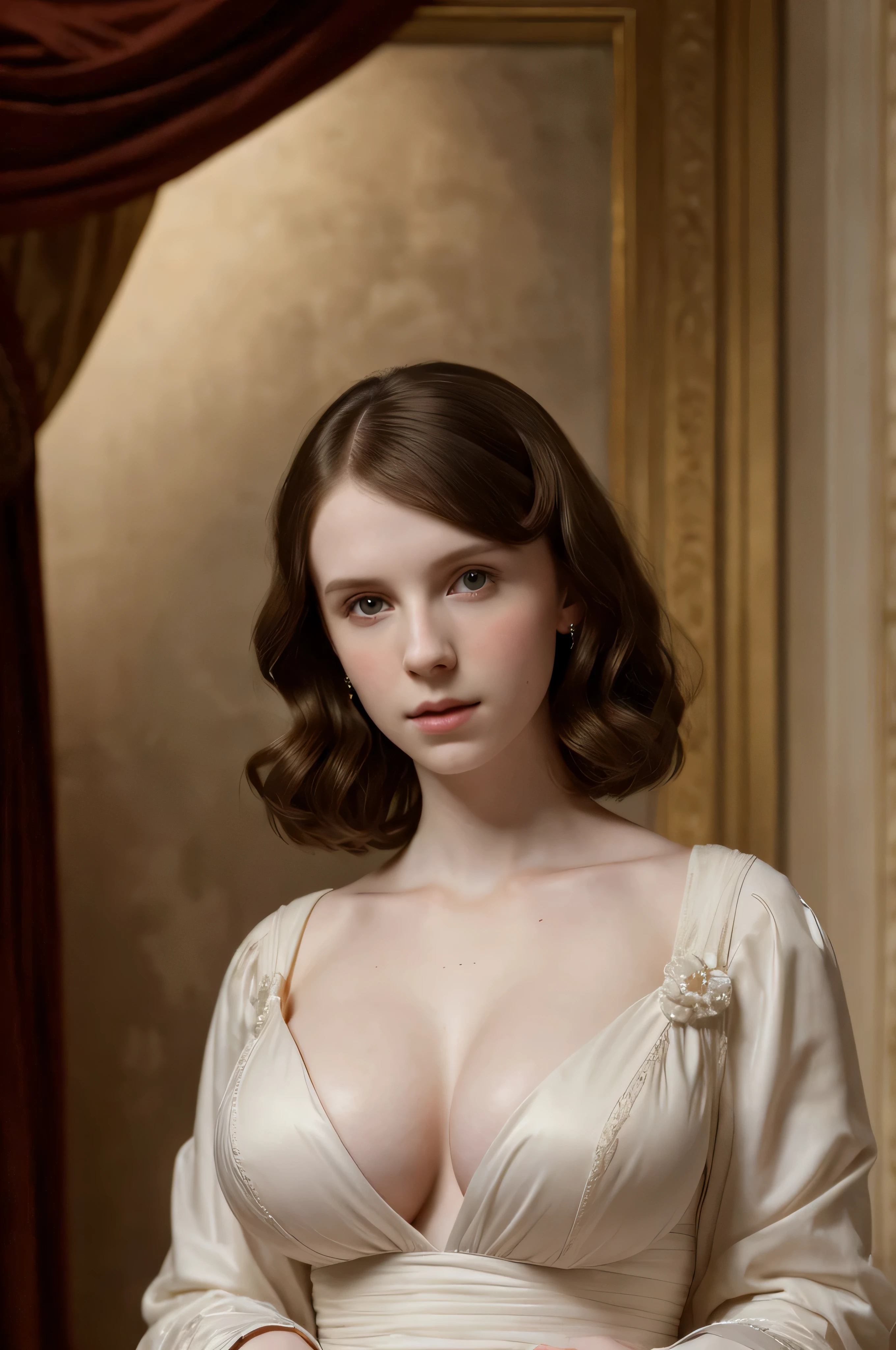 ((high resolution)), ((pale skin)), ((very pale skin)), Millie Bobby Brown, ((huge breasts)), in the style of Anthony van Dyck