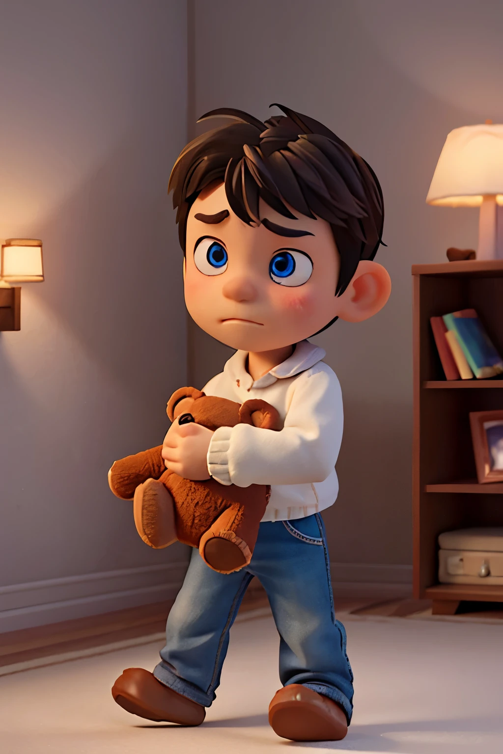/imagine prompt: 3D animation, personality: 8-year-old boy, A clutching a small, worn-out teddy bear in a small, cozy room. His eyes reflecting a turmoil of emotions, room warmly lit by a single lamp casting dancing shadows on the walls.