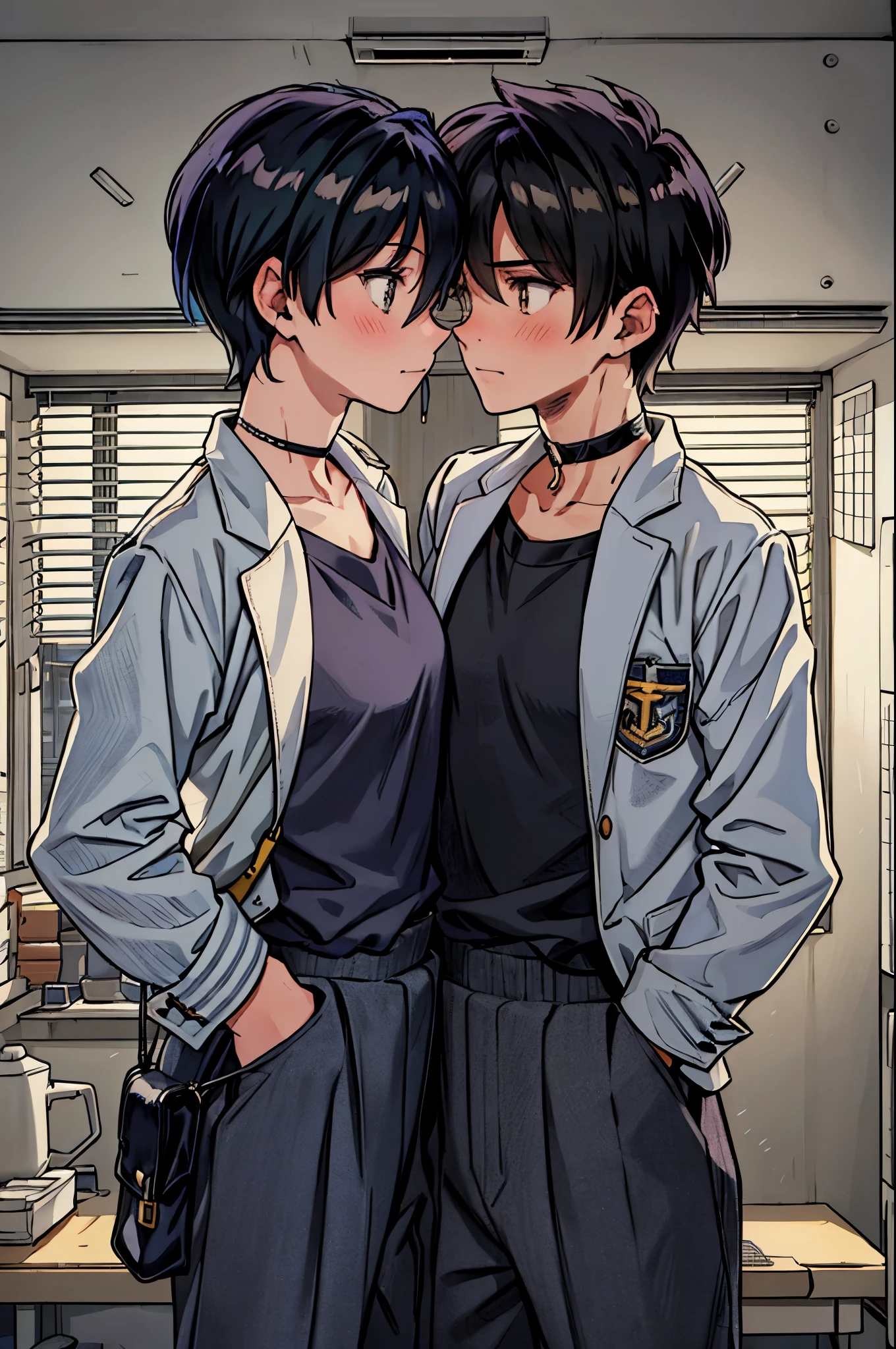 "best quality,ultra-detailed,((background:inside the room1,8)),(two boys),(boys are kissing),(full body),portraits,((sissy boy,tomboy,FemBoy,trap1,8)),bulge1,8,(natural makeup),black choker,necklace,earrings,(short black hair),boy's face,boys body,((nose-blush)),((shy)),((street-casual-style)),(school-uniform),(vest),(blazer),(sneaker),(he’s having shoulder bags),vibrant colors,soft lighting"